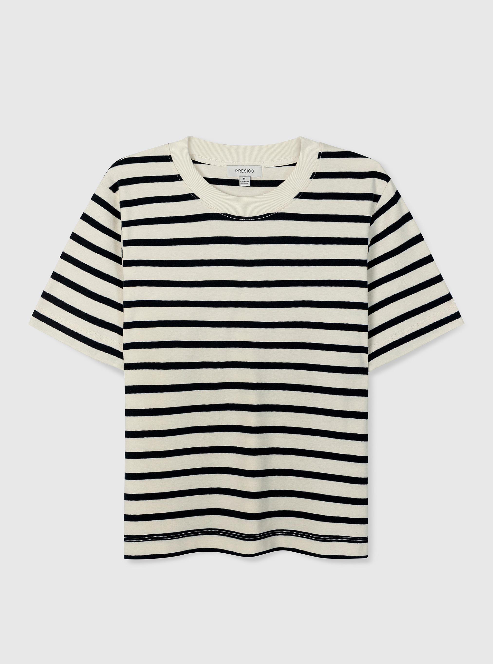 Stripe White/Navy|Black and white striped t-shirt on a light gray background|Stripe White/Navy