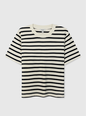 Stripe White/Navy|Black and white striped t-shirt on a light gray background|Stripe White/Navy