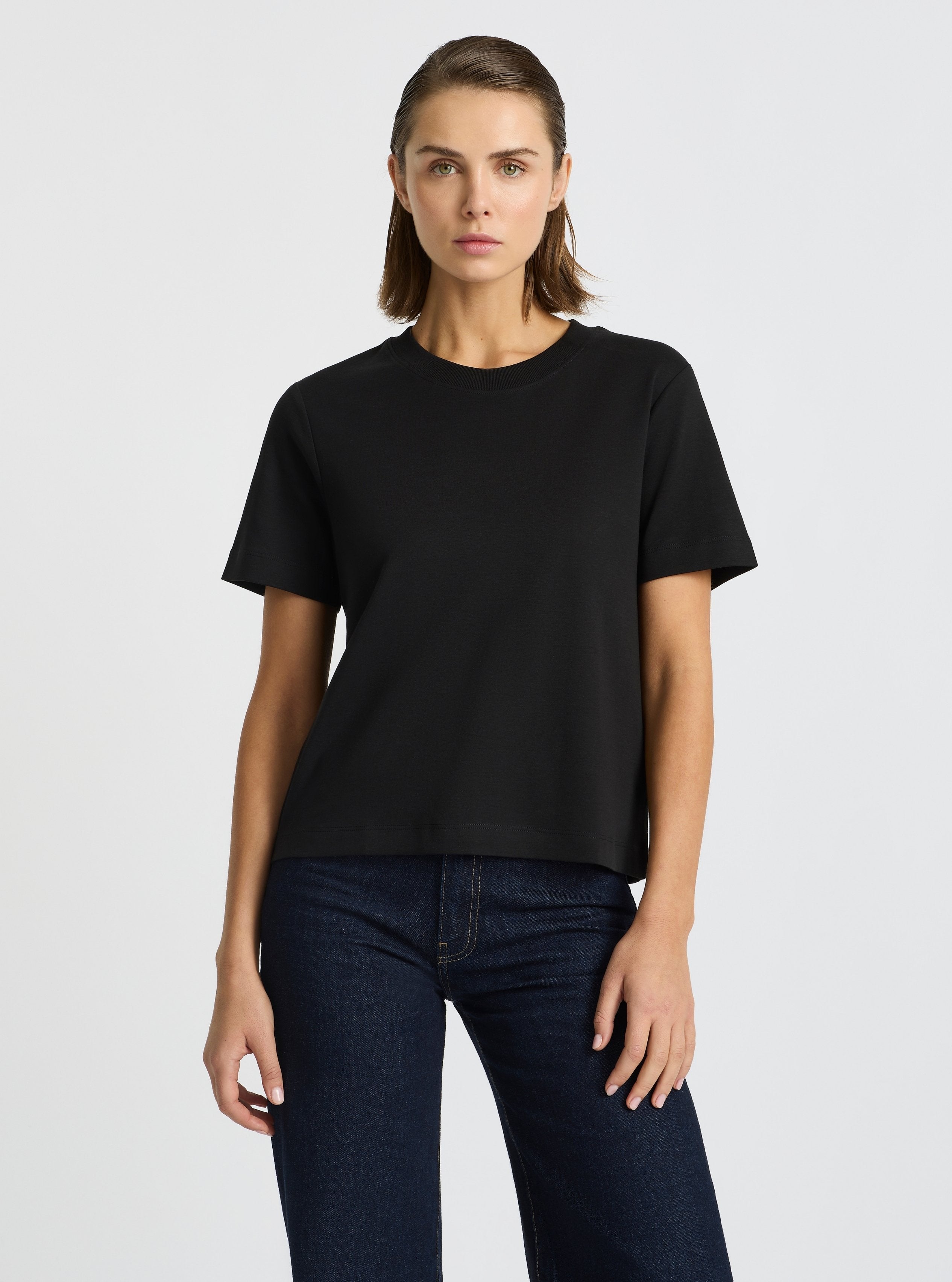 Black|Good Earth Cotton® Box Cut Tee – Sustainable Cotton T-shirt|Stas is 5'10" and wearing a size S
