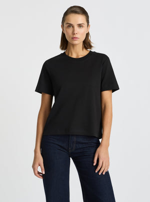 Black|Good Earth Cotton® Box Cut Tee – Sustainable Cotton T-shirt|Stas is 5'10" and wearing a size S