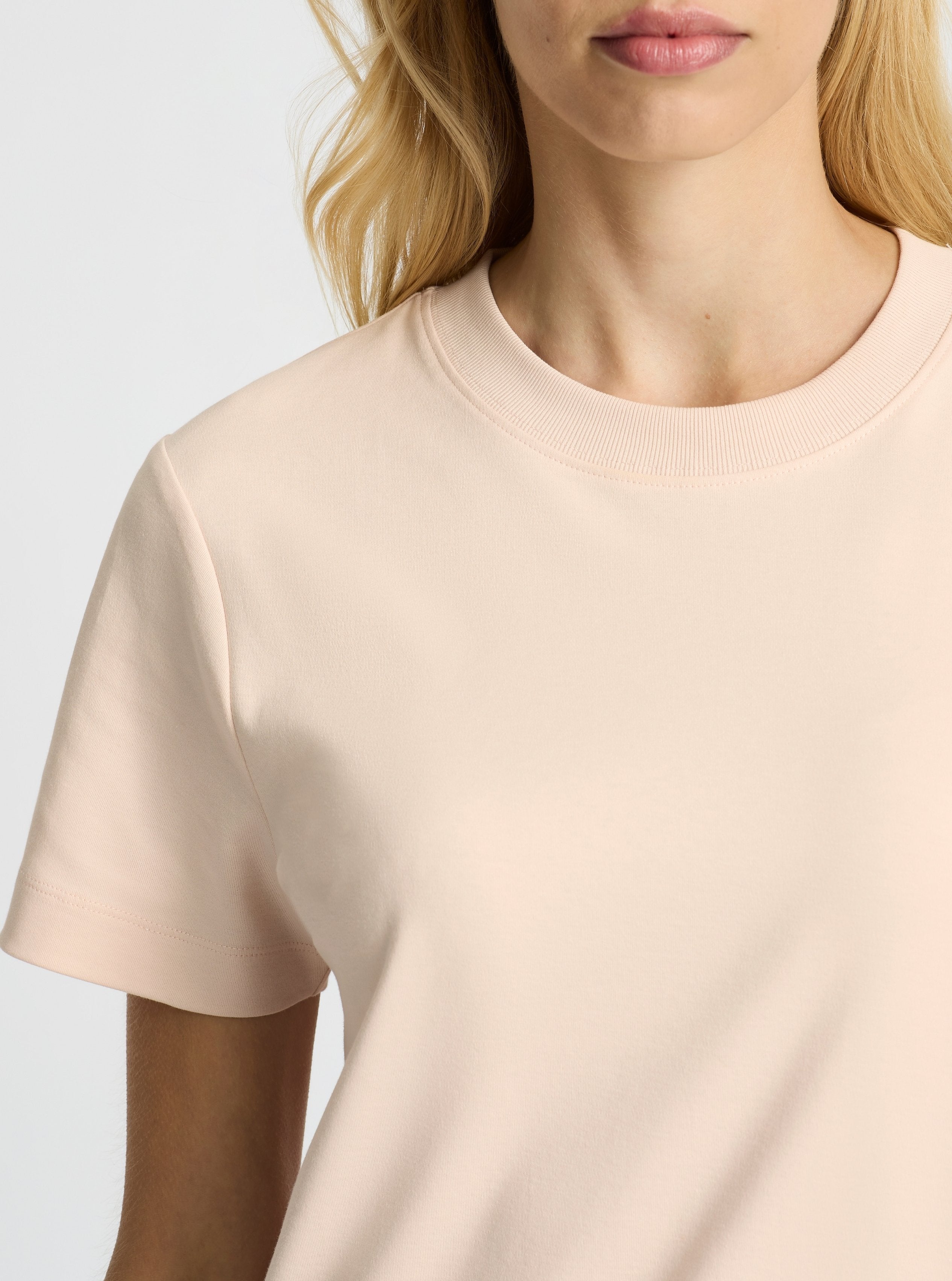 Blush|Good Earth Cotton® Box Cut Tee – Sustainable Cotton T-shirt|Karolina is 5'10" and wearing a size S