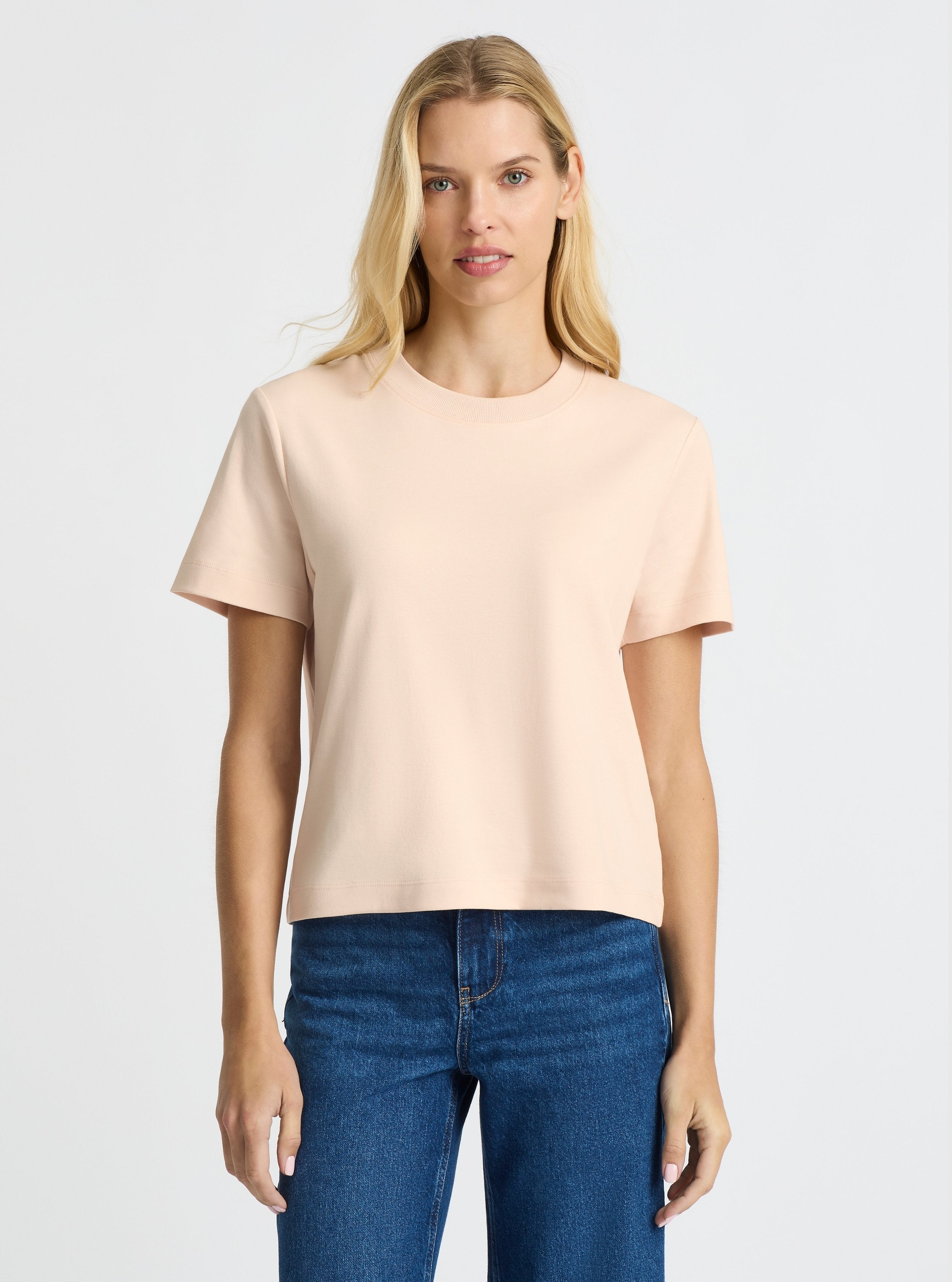 Blush|Good Earth Cotton® Box Cut Tee – Sustainable Cotton T-shirt|Karolina is 5'10" and wearing a size S