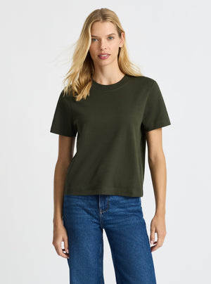 Dark Olive|Good Earth Cotton® Box Cut Tee – Sustainable Cotton T-shirt|Karolina is 5'10" and wearing a size S