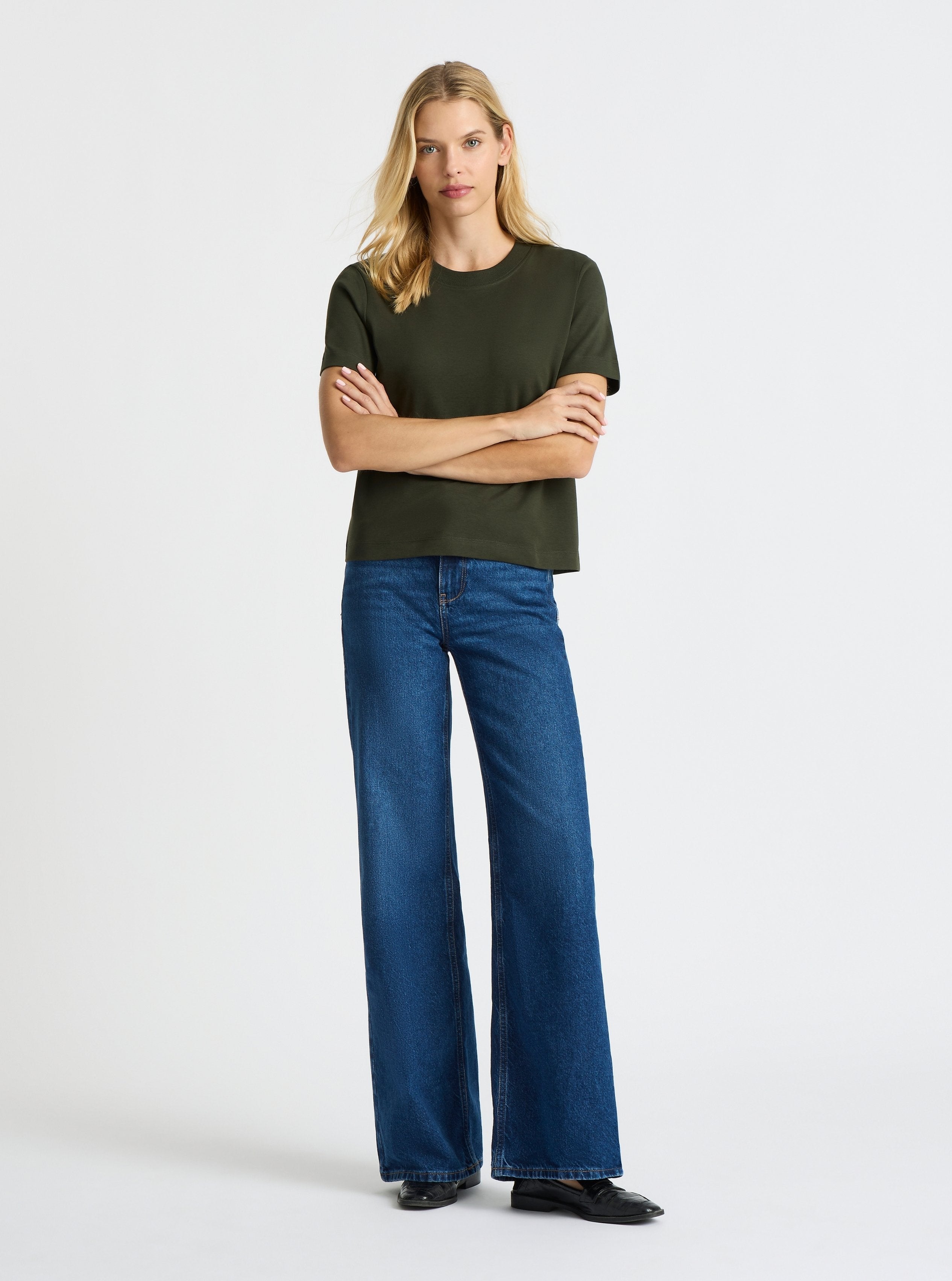 Dark Olive|Good Earth Cotton® Box Cut Tee – Sustainable Cotton T-shirt|Karolina is 5'10" and wearing a size S