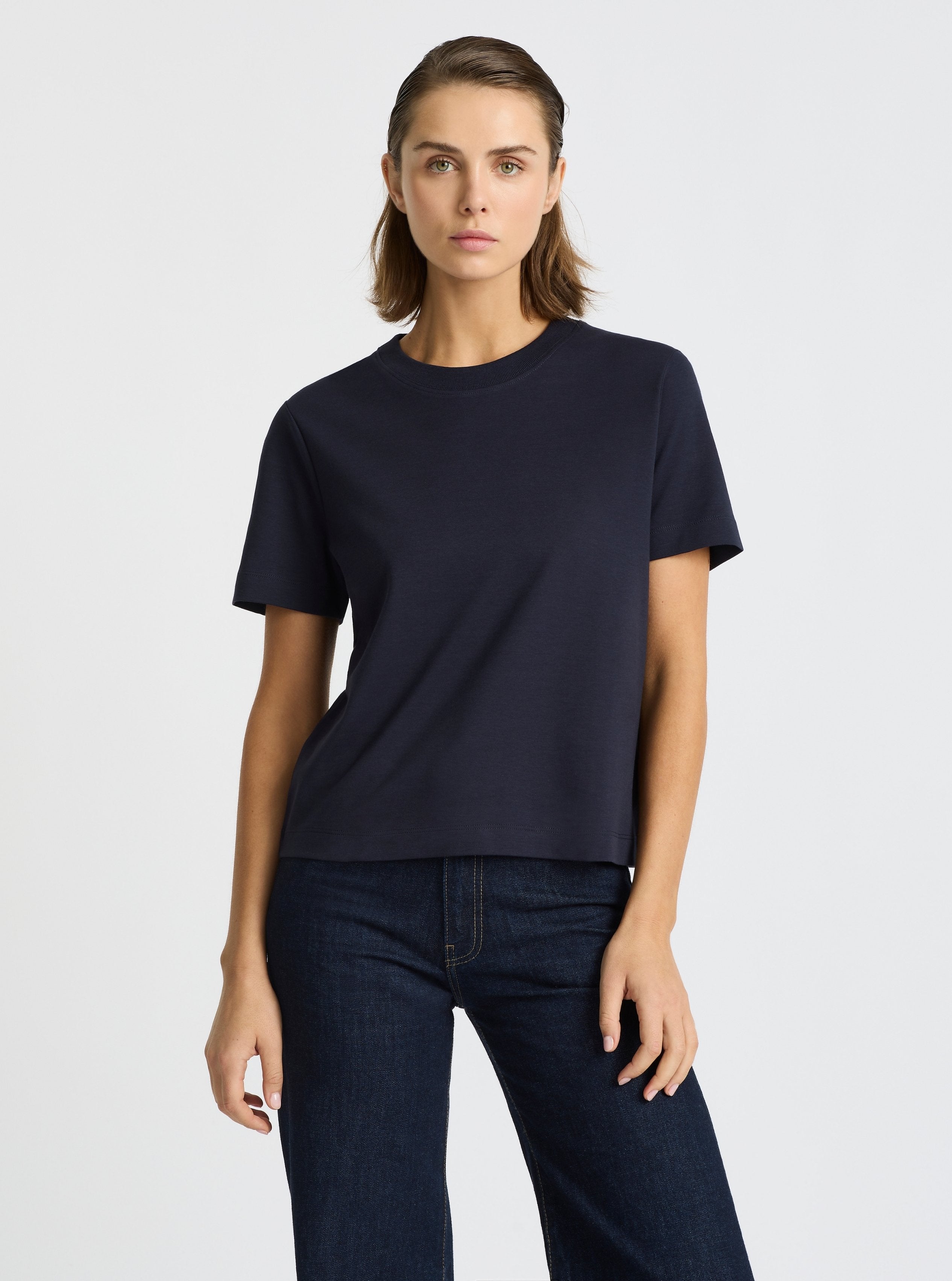 Navy|Good Earth Cotton® Box Cut Tee – Sustainable Cotton T-shirt|Stas is 5'10" and wearing a size S