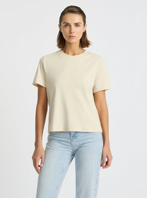 Sand|Good Earth Cotton® Box Cut Tee – Sustainable Cotton T-shirt|Stas is 5'10" and wearing a size S