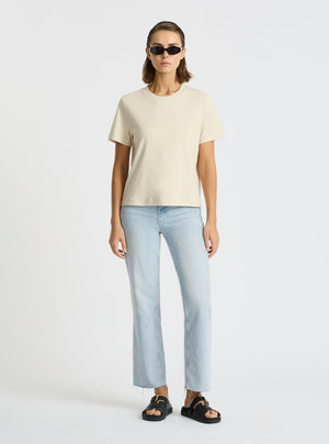 Sand|Good Earth Cotton® Box Cut Tee – Sustainable Cotton T-shirt|Stas is 5'10" and wearing a size S