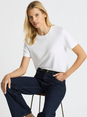 White|Good Earth Cotton® Box Cut Tee – Sustainable Cotton T-shirt|Karolina is 5'10" and wearing a size S