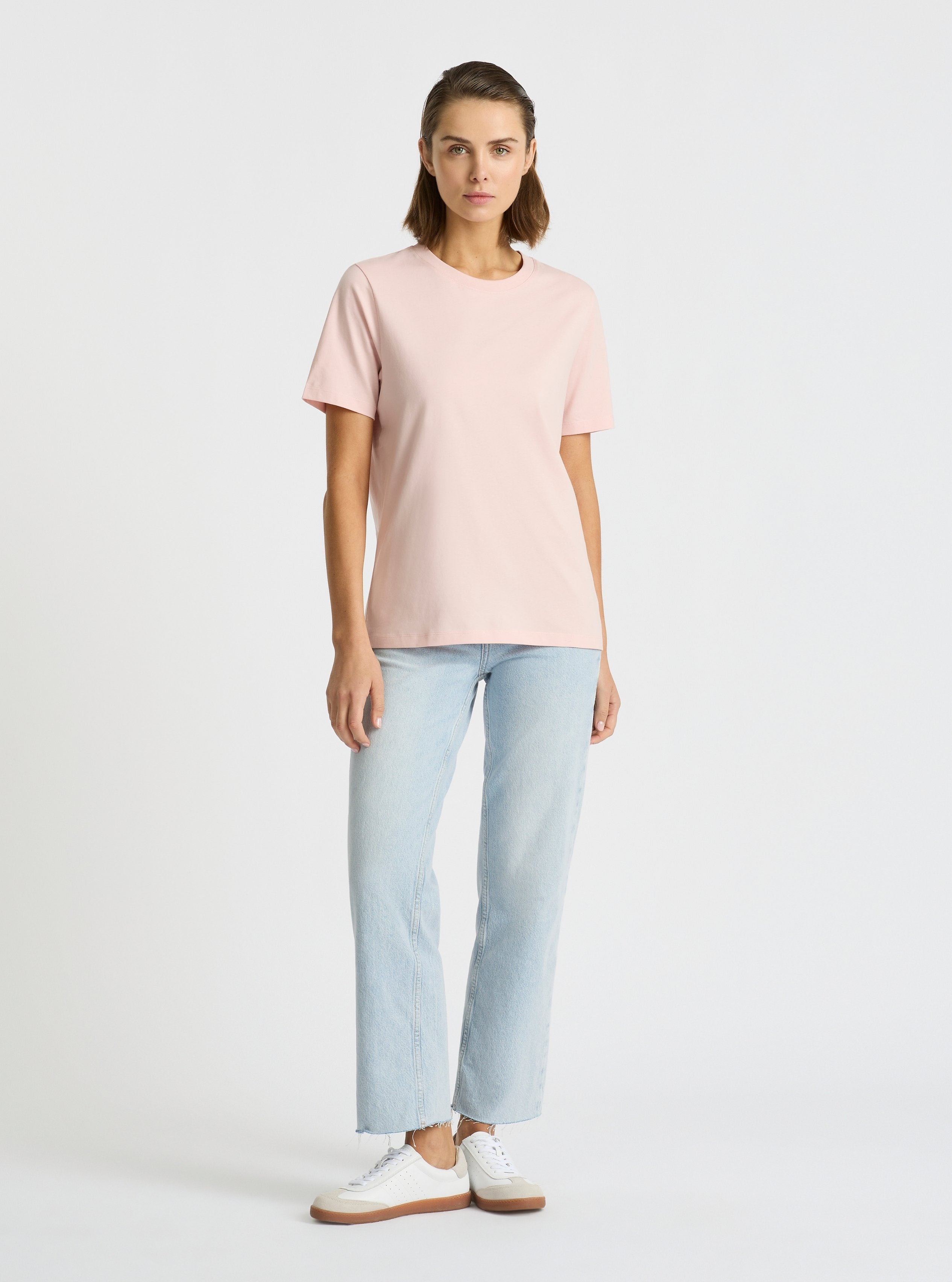 Light Pink|Good Earth Cotton® Classic Tee for women – Sustainable Cotton T-shirt|Stas is 5'10" and wearing a size S