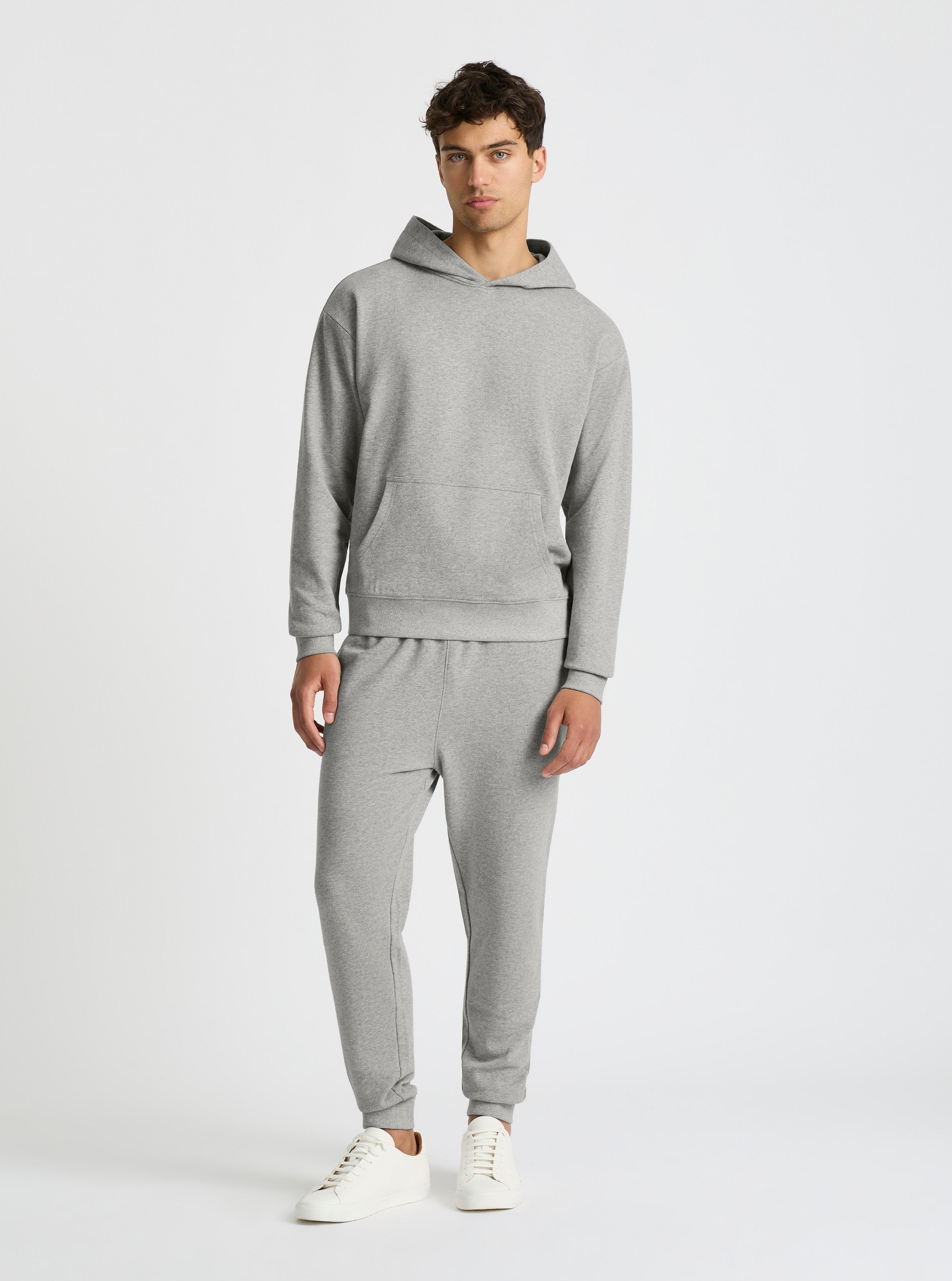 Grey Marl|Good Earth Cotton® Hoodie for men – Sustainable Cotton Hoodie|Evans is 6’2” and wearing a size M