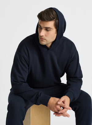 Navy|Good Earth Cotton® Hoodie for men – Sustainable Cotton Hoodie|Jack is 6’2” and wearing a size L