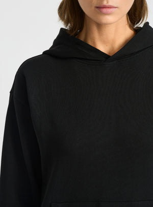 Black|Good Earth Cotton® Clean Hoodie – Sustainable Cotton Sweatshirt|Stas is 5'10" and wearing a size S