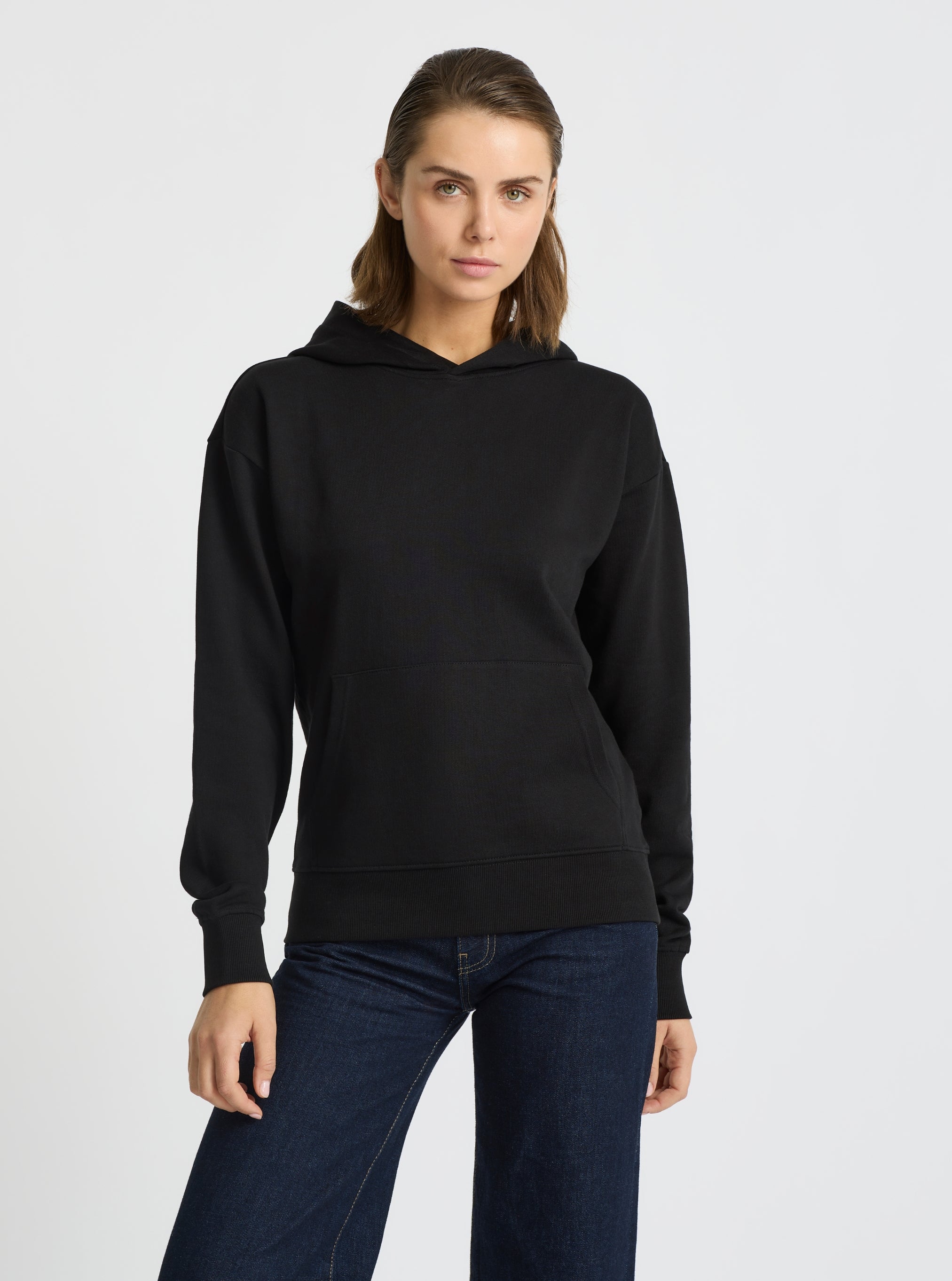 Black|Good Earth Cotton® Clean Hoodie – Sustainable Cotton Sweatshirt|Stas is 5'10" and wearing a size S