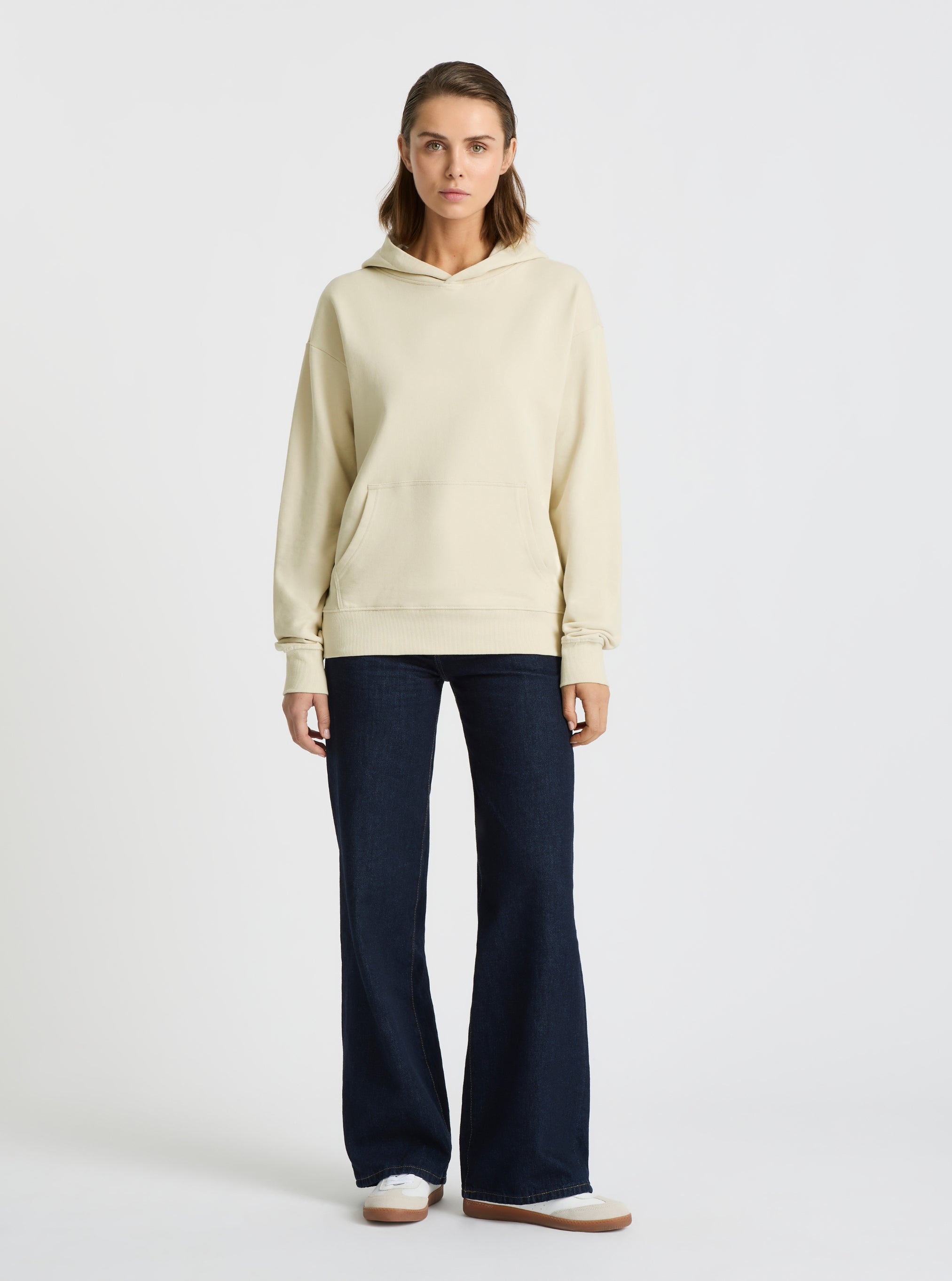 Ecru|Good Earth Cotton® Clean Hoodie – Sustainable Cotton Sweatshirt|Stas is 5'10" and wearing a size S