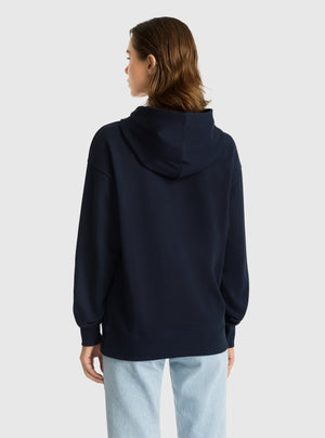 Navy|Good Earth Cotton® Clean Hoodie – Sustainable Cotton Sweatshirt|Stas is 5'10" and wearing a size S