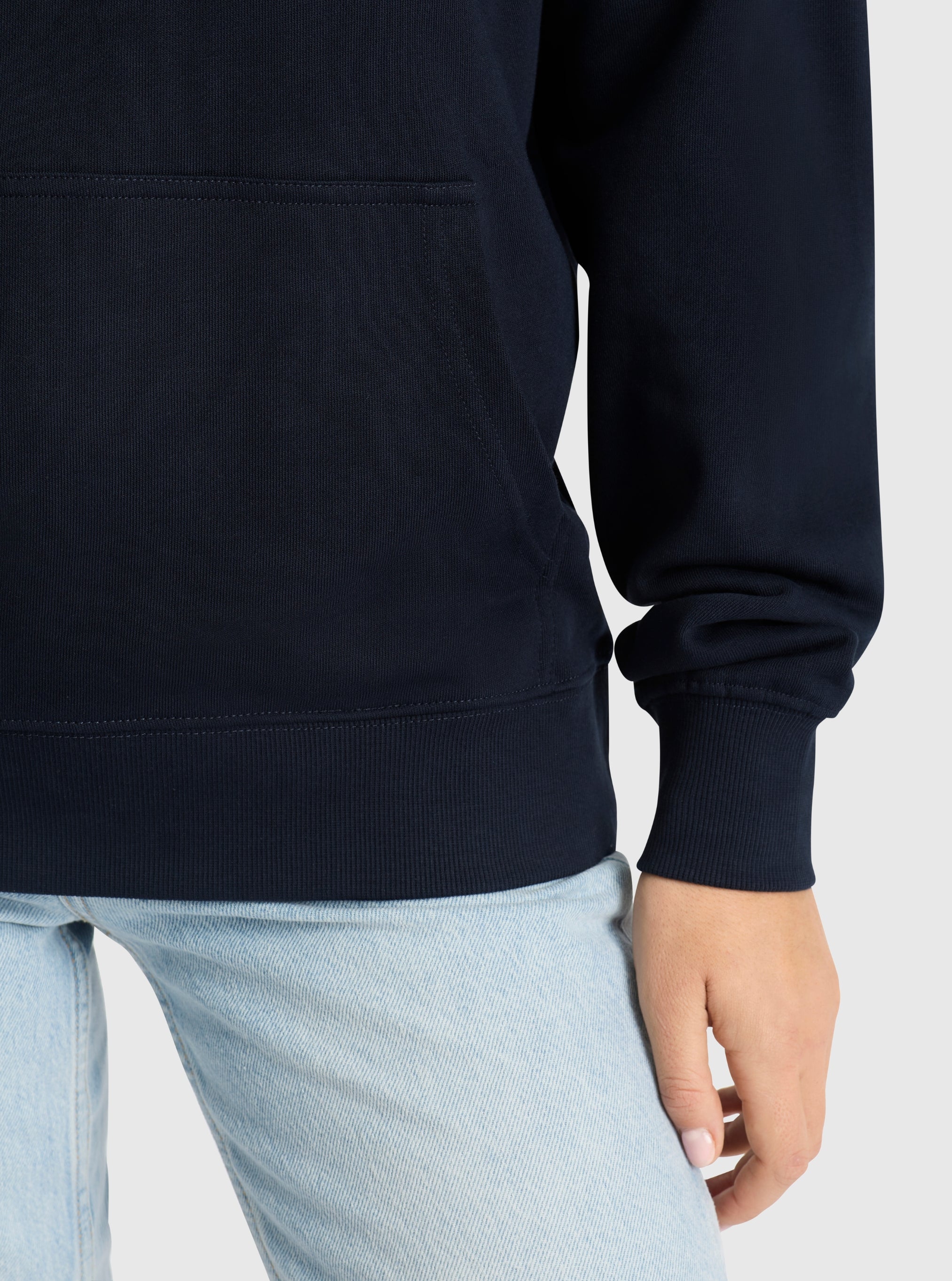 Navy|Good Earth Cotton® Clean Hoodie – Sustainable Cotton Sweatshirt|Stas is 5'10" and wearing a size S