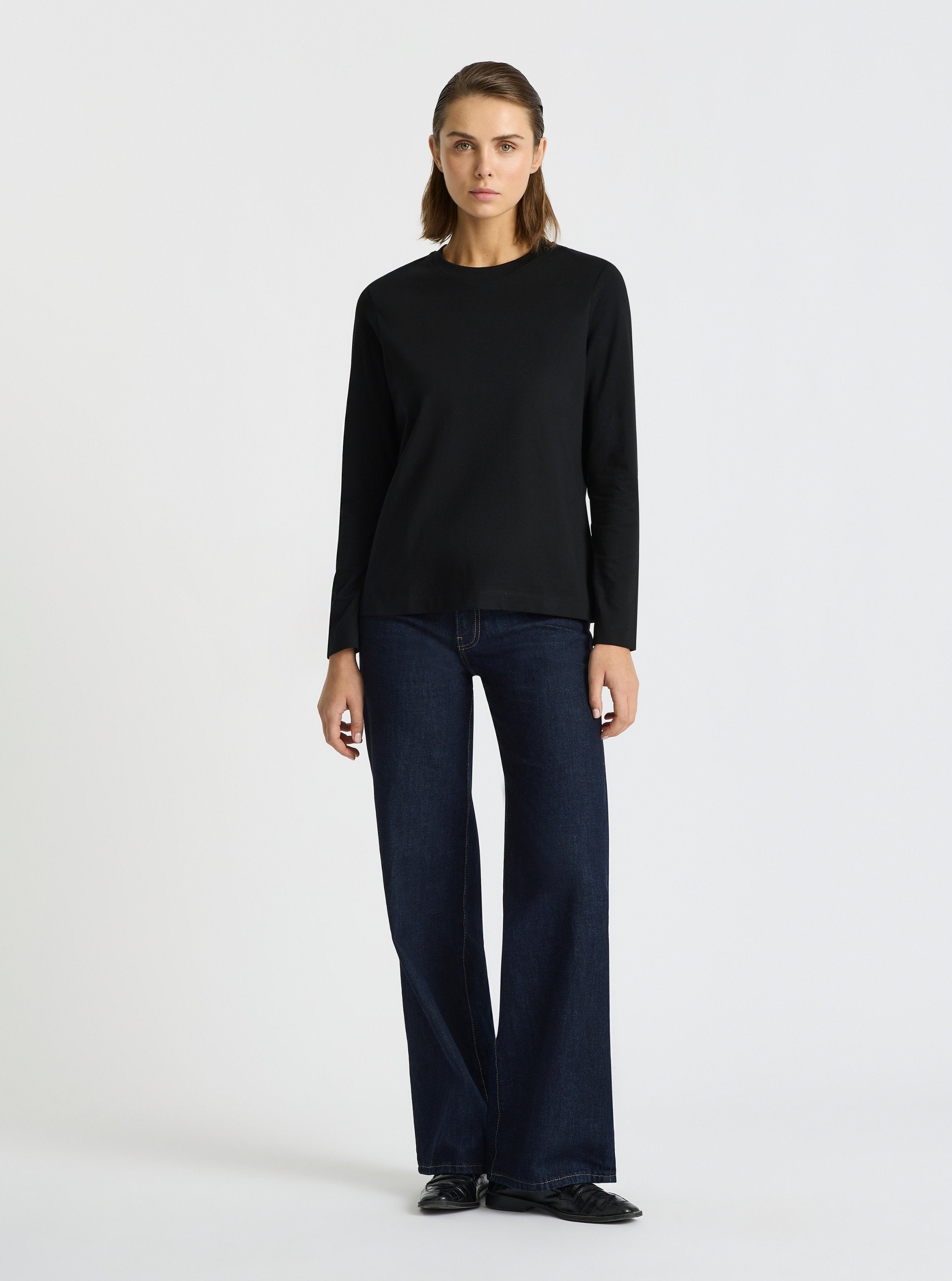 Black|Good Earth Cotton® Long Sleeve Tee – Sustainable Cotton T-shirt|Stas is 5'10" and wearing a size M