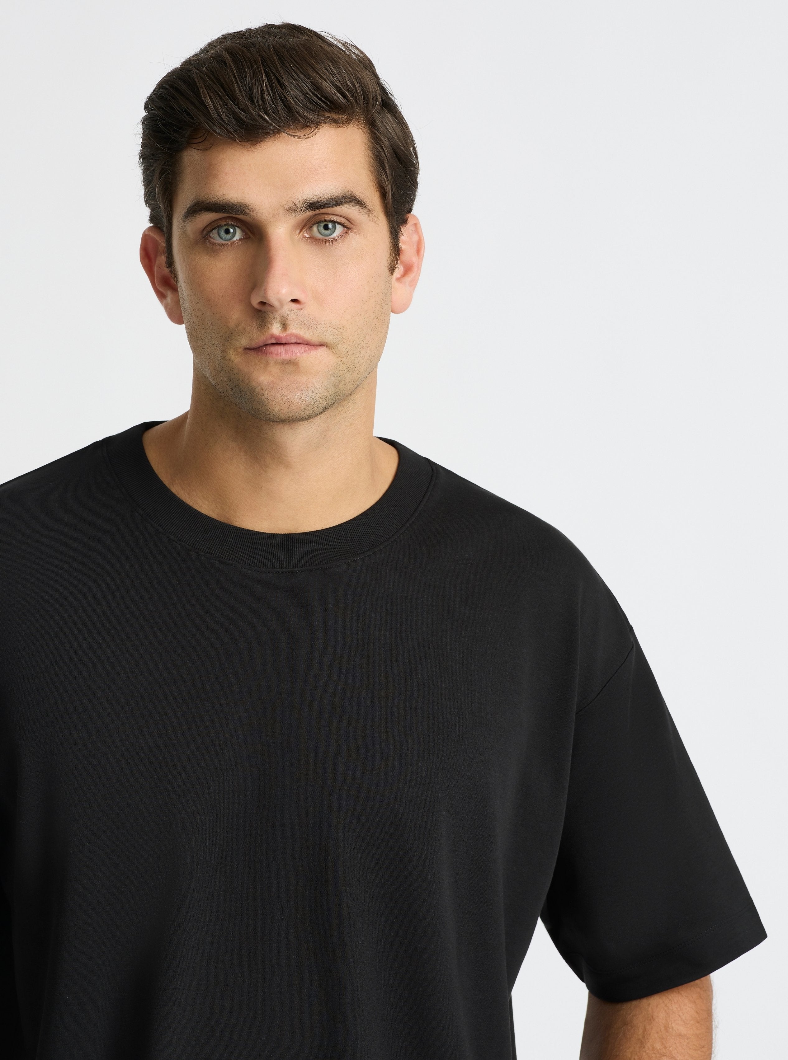 Black|Good Earth Cotton® Oversized Tee – Sustainable Cotton T-shirt|Jack is 6’2” and wearing a size L