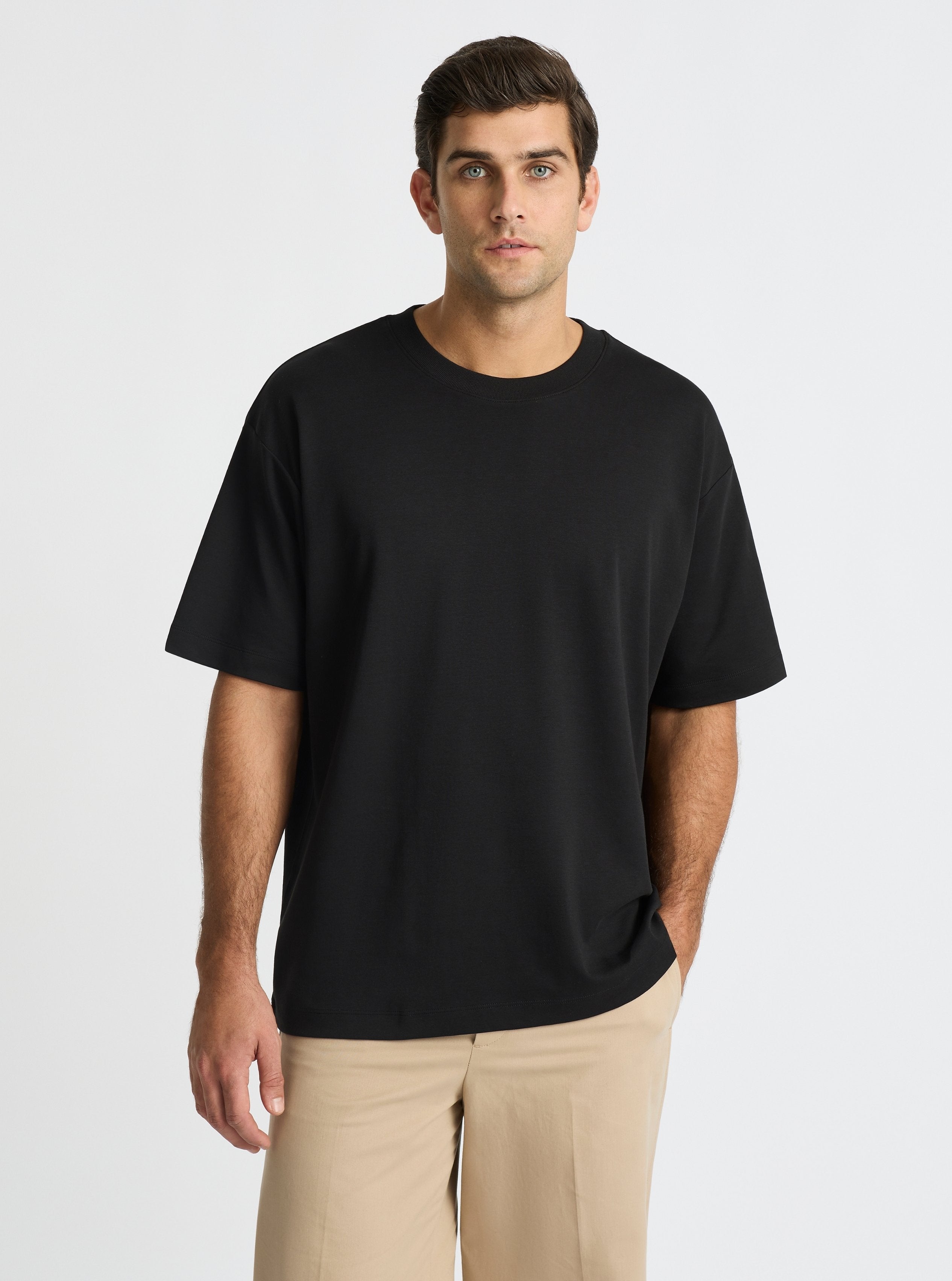Black|Good Earth Cotton® Oversized Tee – Sustainable Cotton T-shirt|Jack is 6’2” and wearing a size L