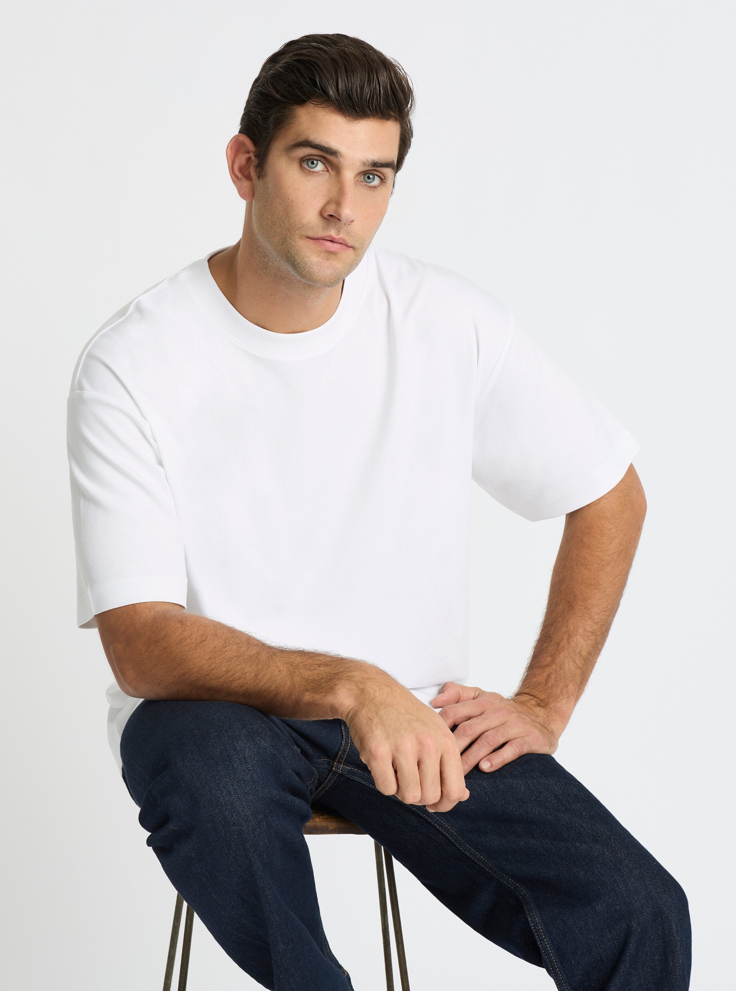 White|Good Earth Cotton® Oversized Tee – Sustainable Cotton T-shirt|Jack is 6’2” and wearing a size L