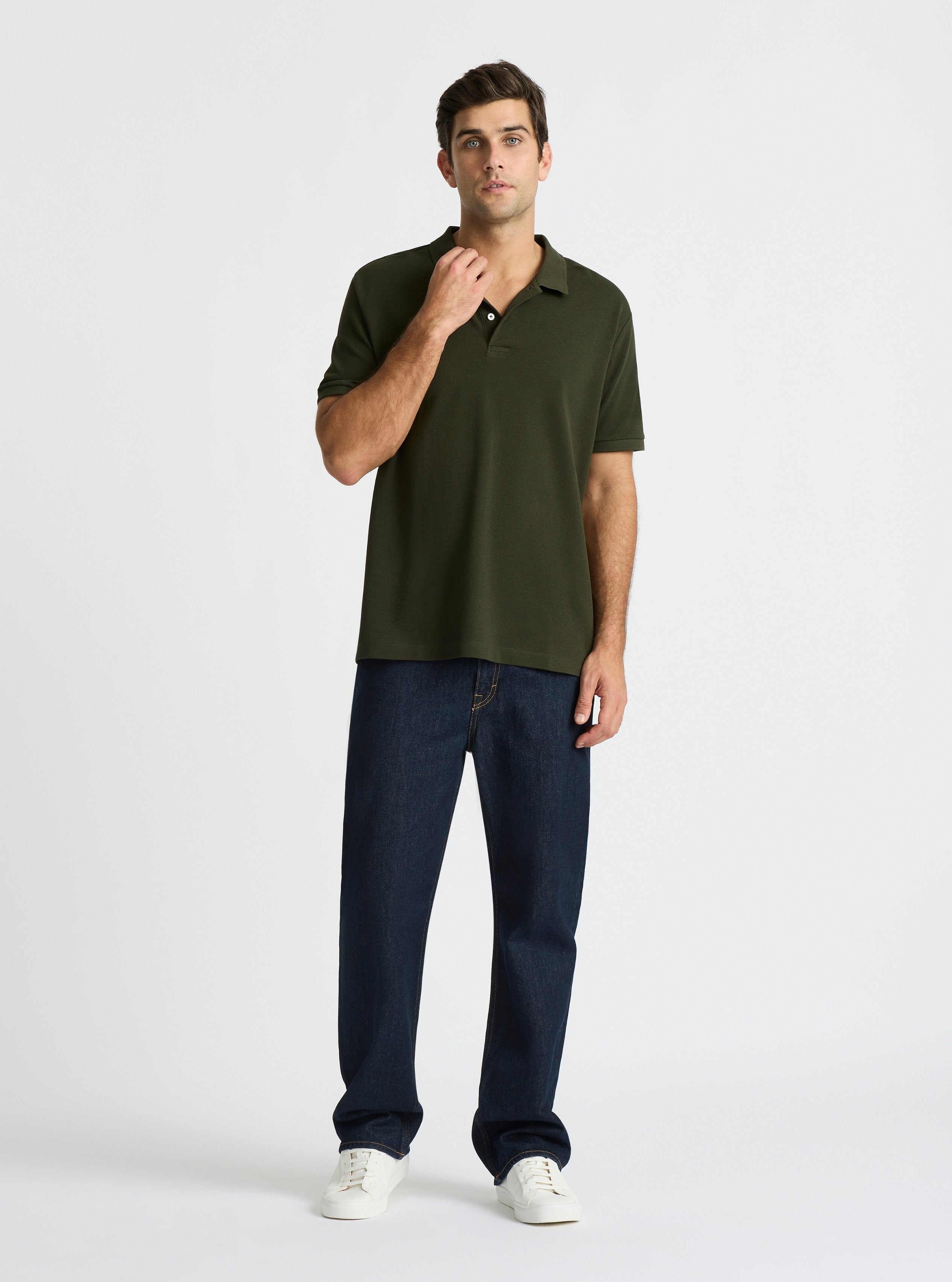Dark Olive|Good Earth Cotton® Polo – Sustainable Cotton Polo|Jack is 6’2” and wearing a size L