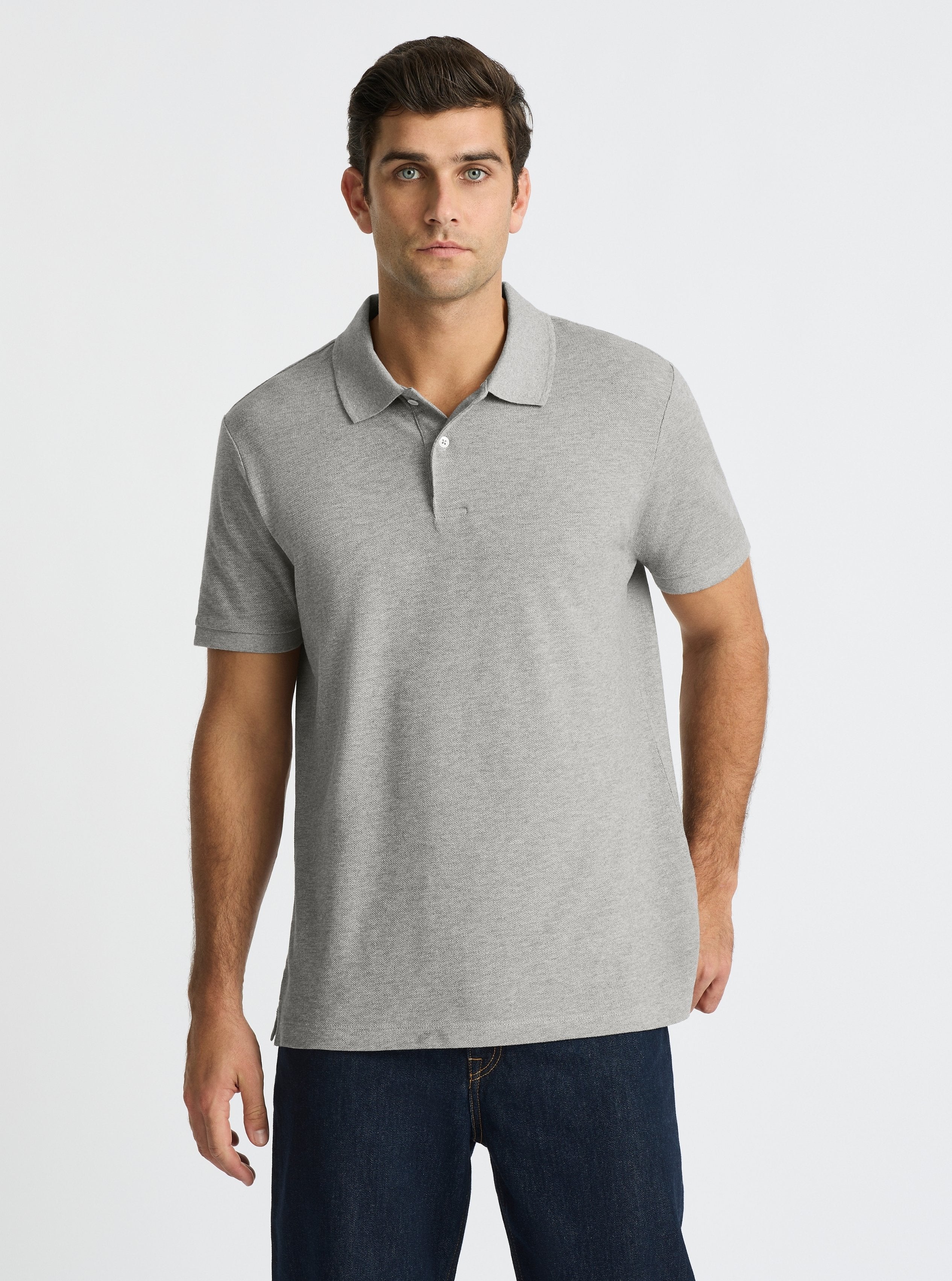 Grey Marl|Good Earth Cotton® Polo – Sustainable Cotton Polo|Jack is 6’2” and wearing a size L