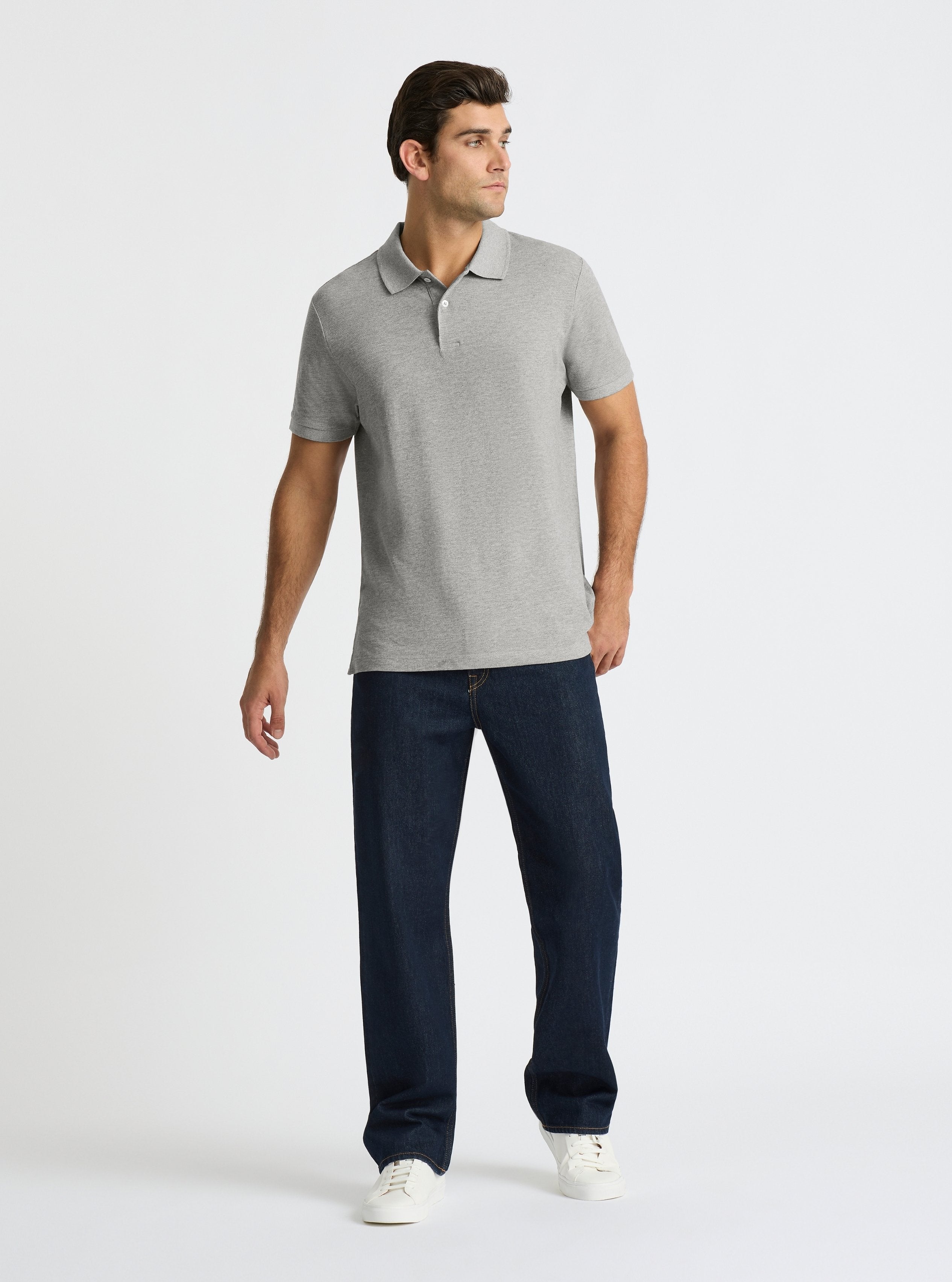 Grey Marl|Good Earth Cotton® Polo – Sustainable Cotton Polo|Jack is 6’2” and wearing a size L