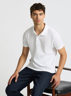 White|Good Earth Cotton® Polo – Sustainable Cotton Polo|Evans is 6’2” and wearing a size M