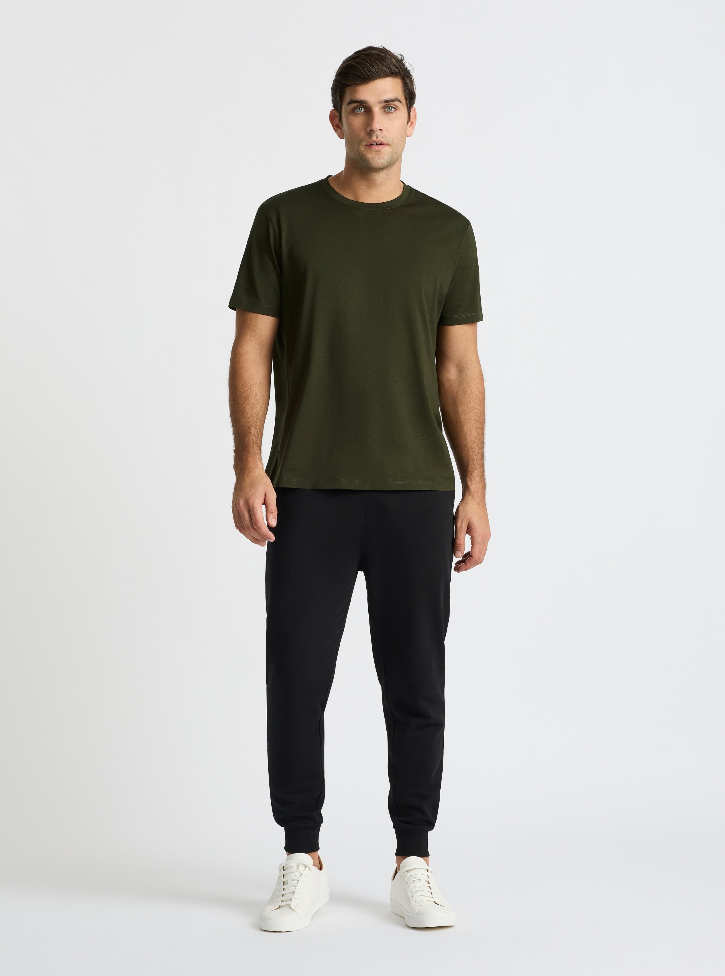 Black|Good Earth Cotton® Sweatpants for men – Sustainable Cotton Sweatpants|Jack is 6’2” and wearing a size L