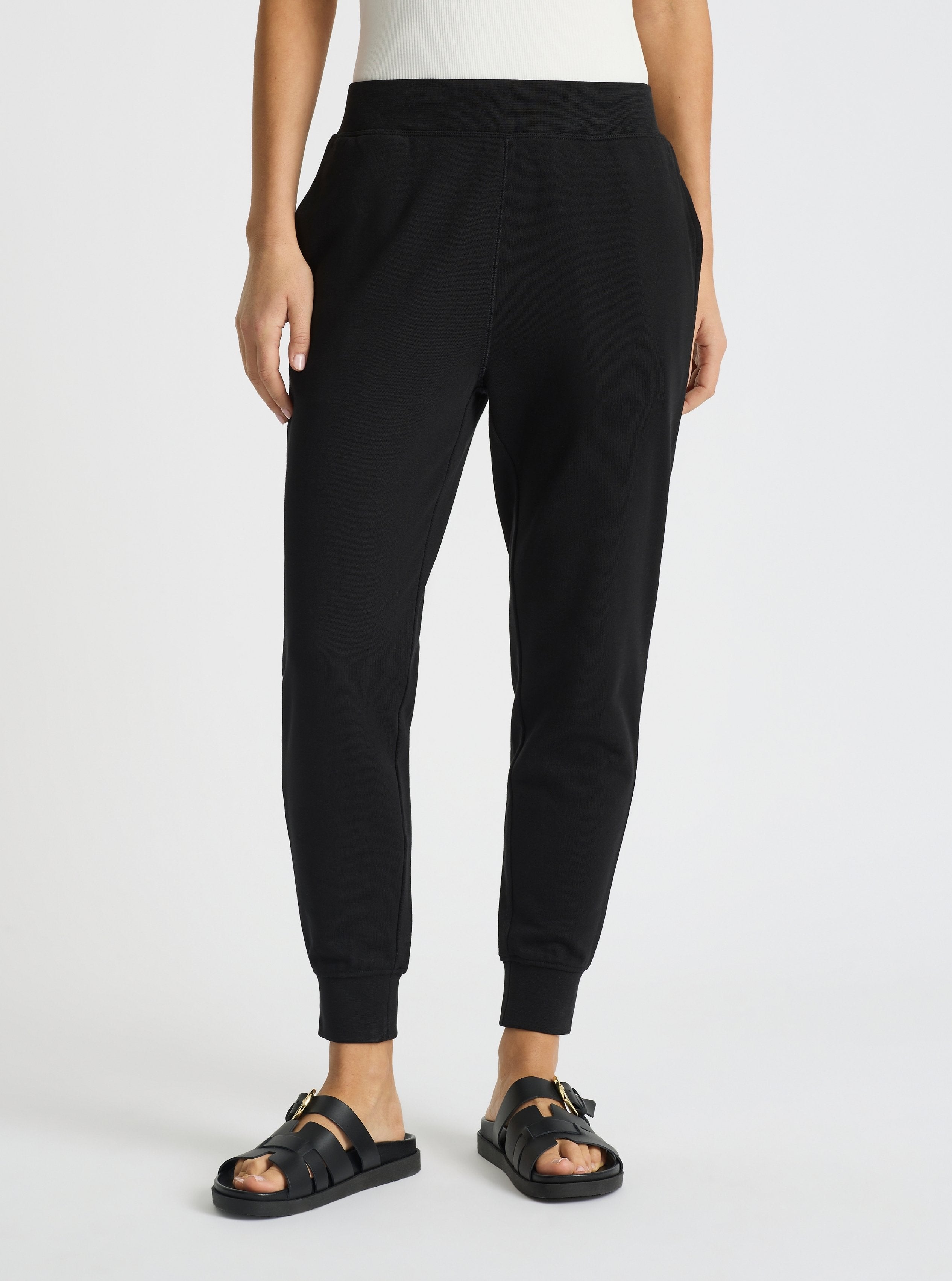 Black|Good Earth Cotton® Sweatpants for women – Sustainable Cotton Sweatpants|Stas is 5'10" and wearing a size S