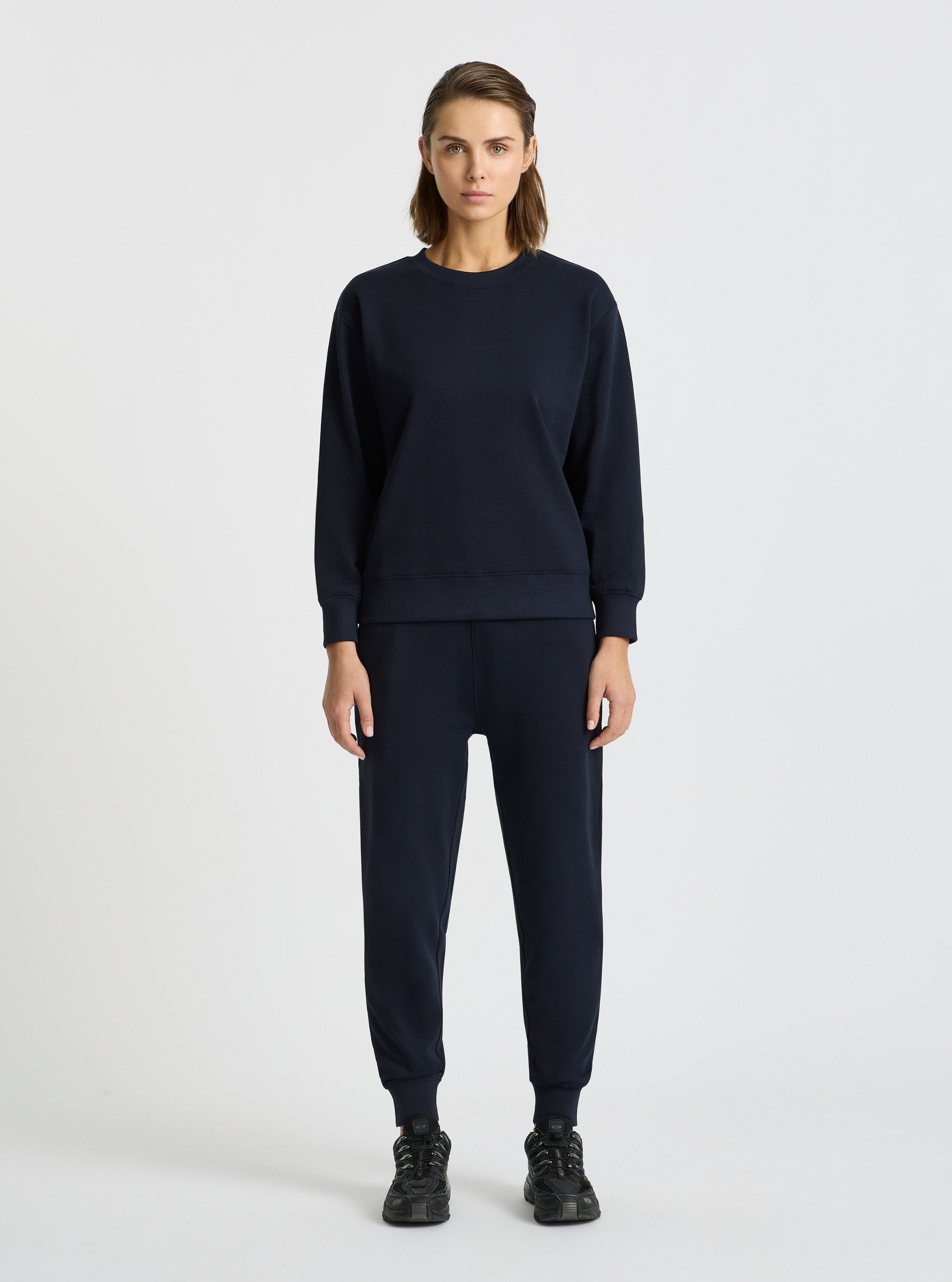 Navy|Good Earth Cotton® Sweatpants for women – Sustainable Cotton Sweatpants|Stas is 5'10" and wearing a size S