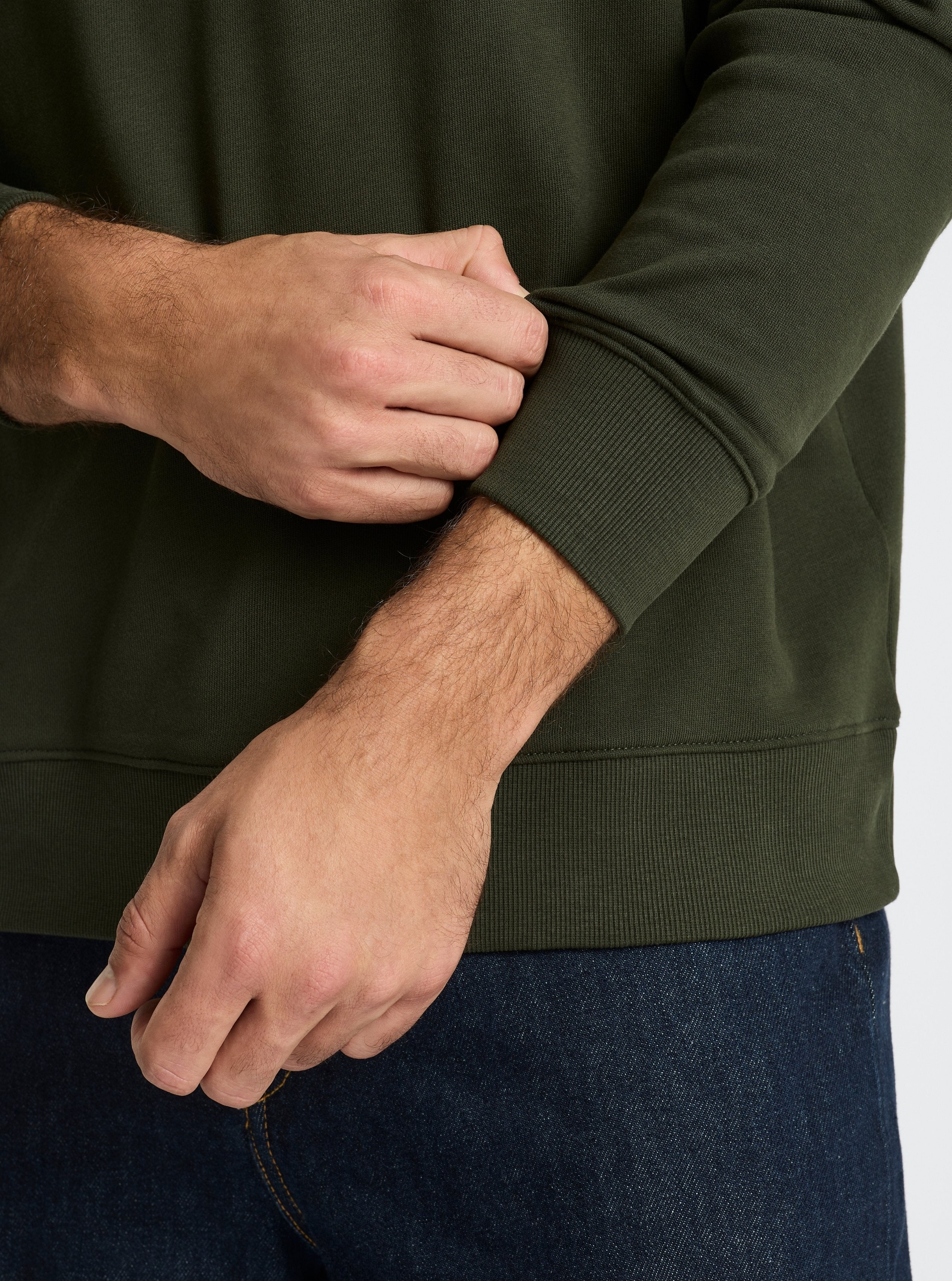 Olive Green|Good Earth Cotton® Sweatshirts – Sustainable Cotton Sweatshirts|Jack is 6’2” and wearing a size L