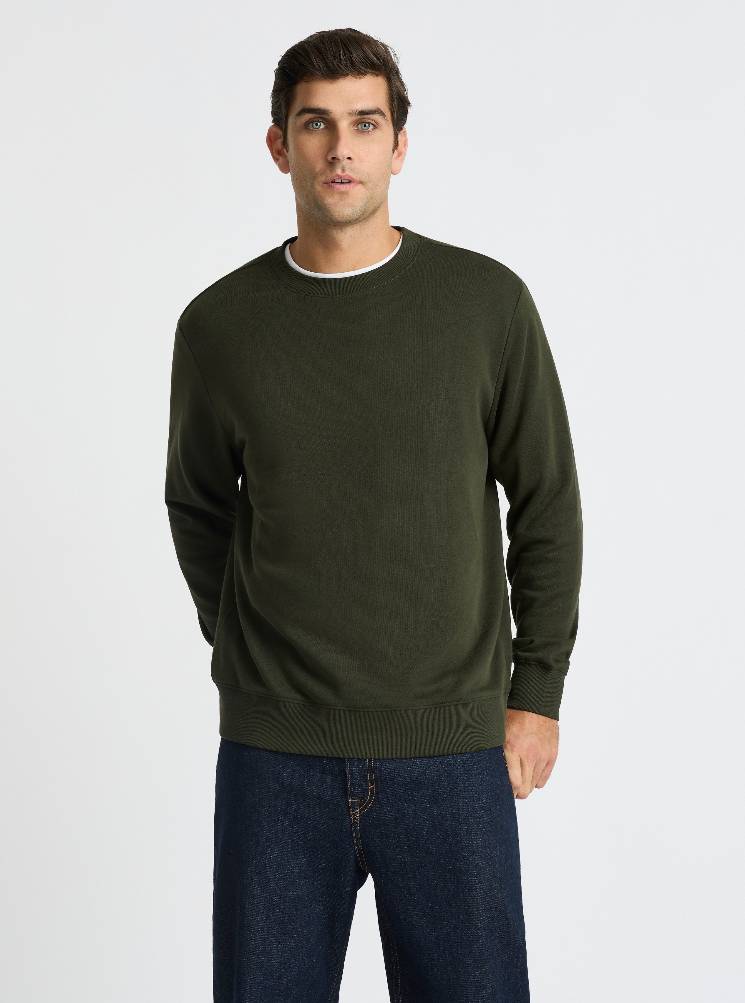 Olive Green|Good Earth Cotton® Sweatshirts – Sustainable Cotton Sweatshirts|Jack is 6’2” and wearing a size L