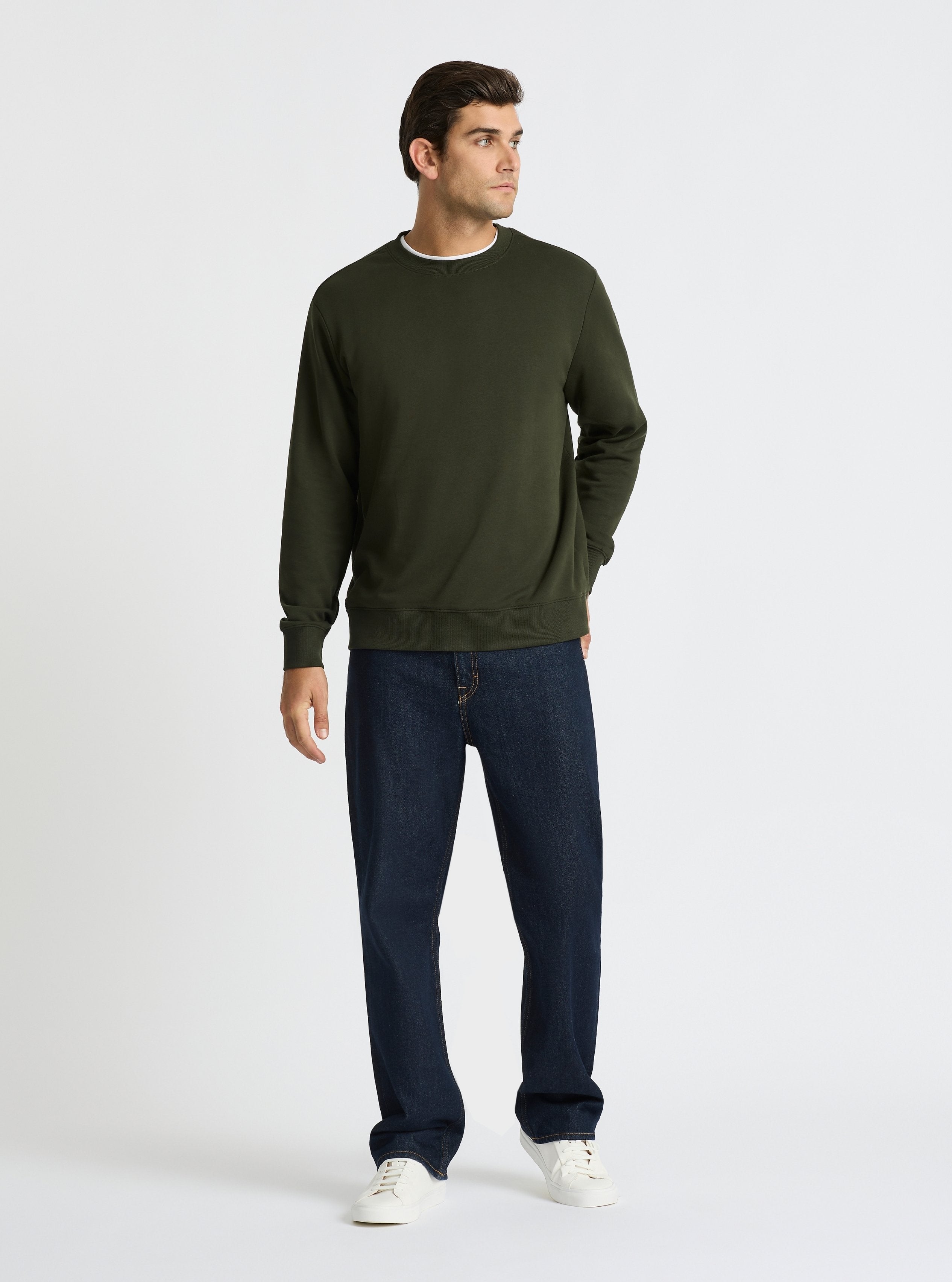Olive Green|Good Earth Cotton® Sweatshirts – Sustainable Cotton Sweatshirts|Jack is 6’2” and wearing a size L