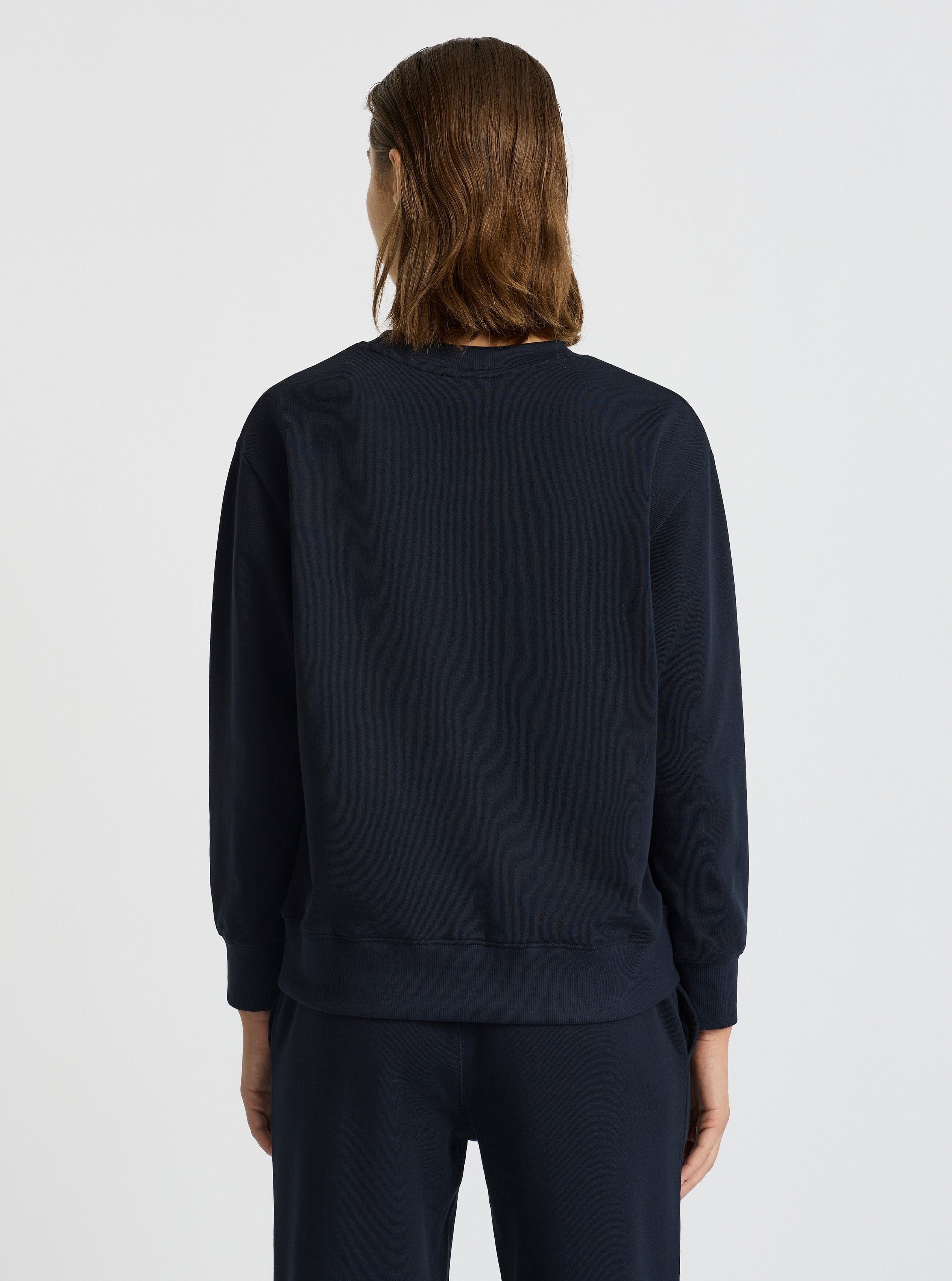 Navy|Good Earth Cotton® Sweatshirts – Sustainable Cotton Sweatshirts|Stas is 5'10" and wearing a size S