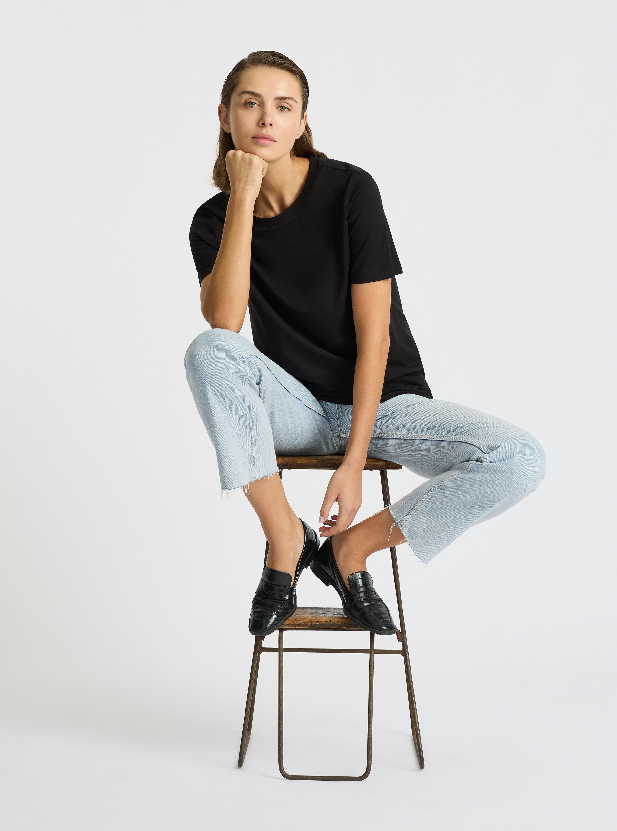 Black|Good Earth Cotton® Classic Tee – Sustainable Cotton T-shirts|Stas is 5'10" and wearing a size S