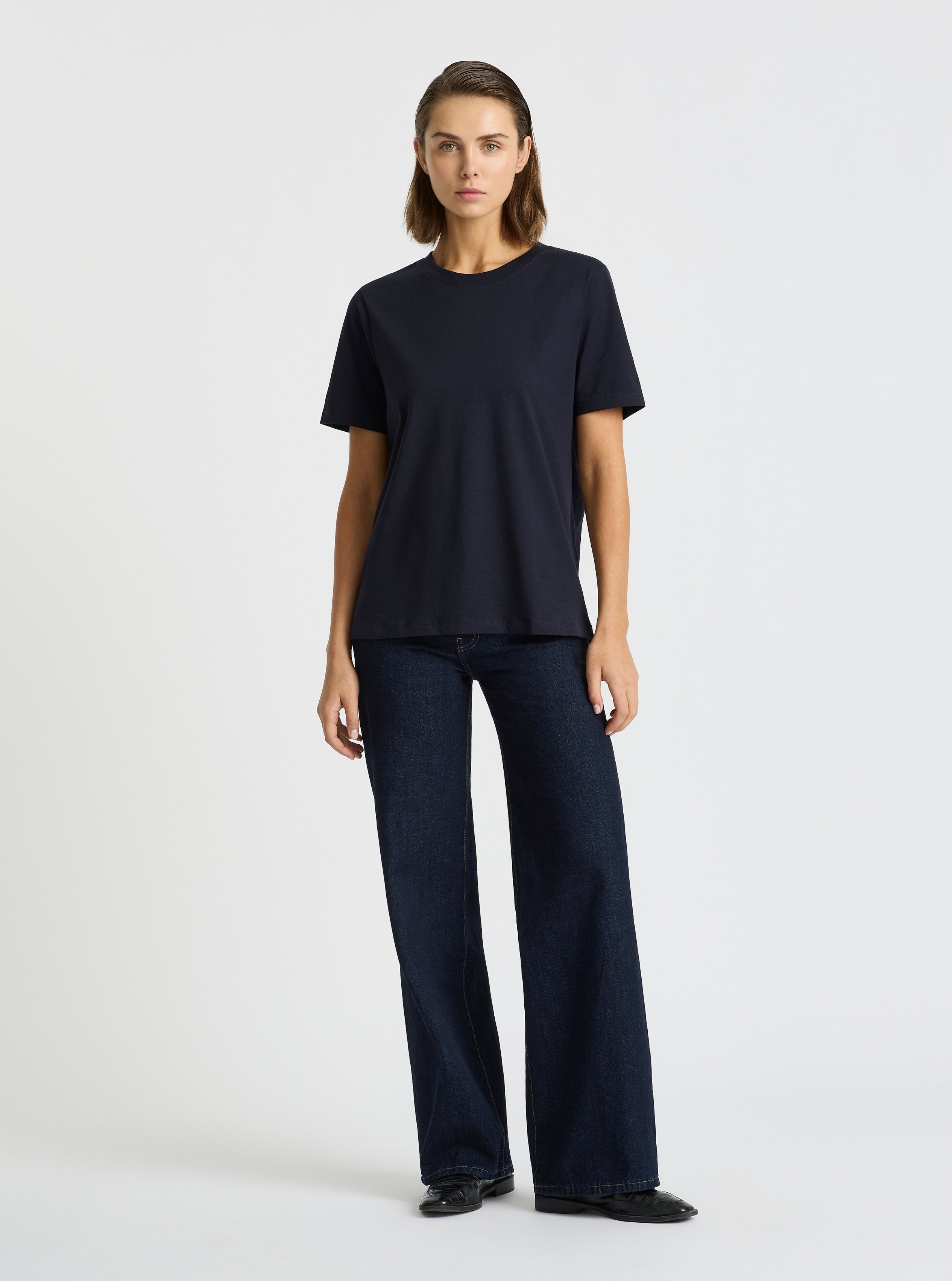 Navy|Good Earth Cotton® Classic Tee – Sustainable Cotton T-shirts|Stas is 5'10" and wearing a size S