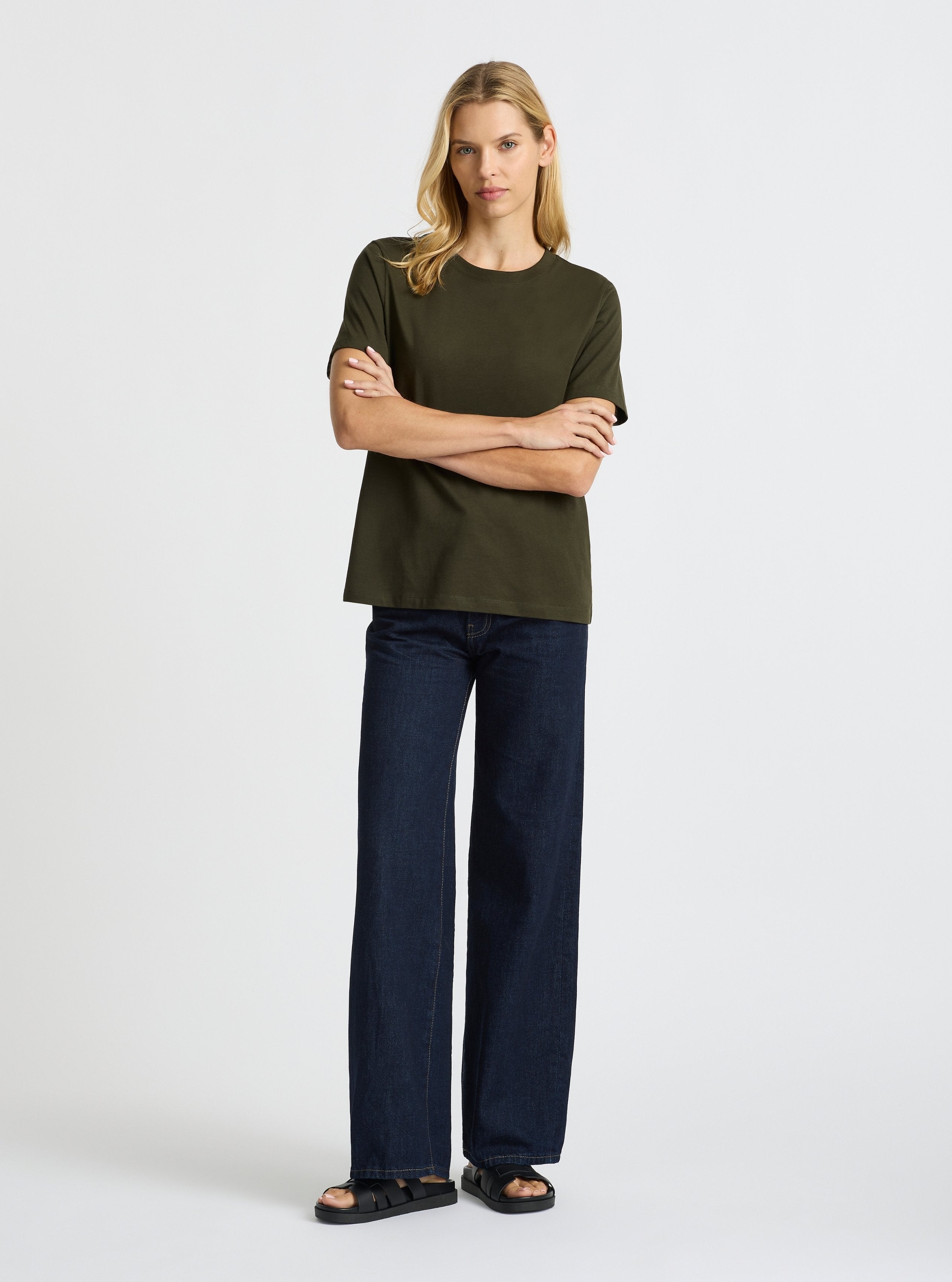 Olive Green|Good Earth Cotton® Classic Tee – Sustainable Cotton T-shirts|Karolina is 5'10" and wearing a size S