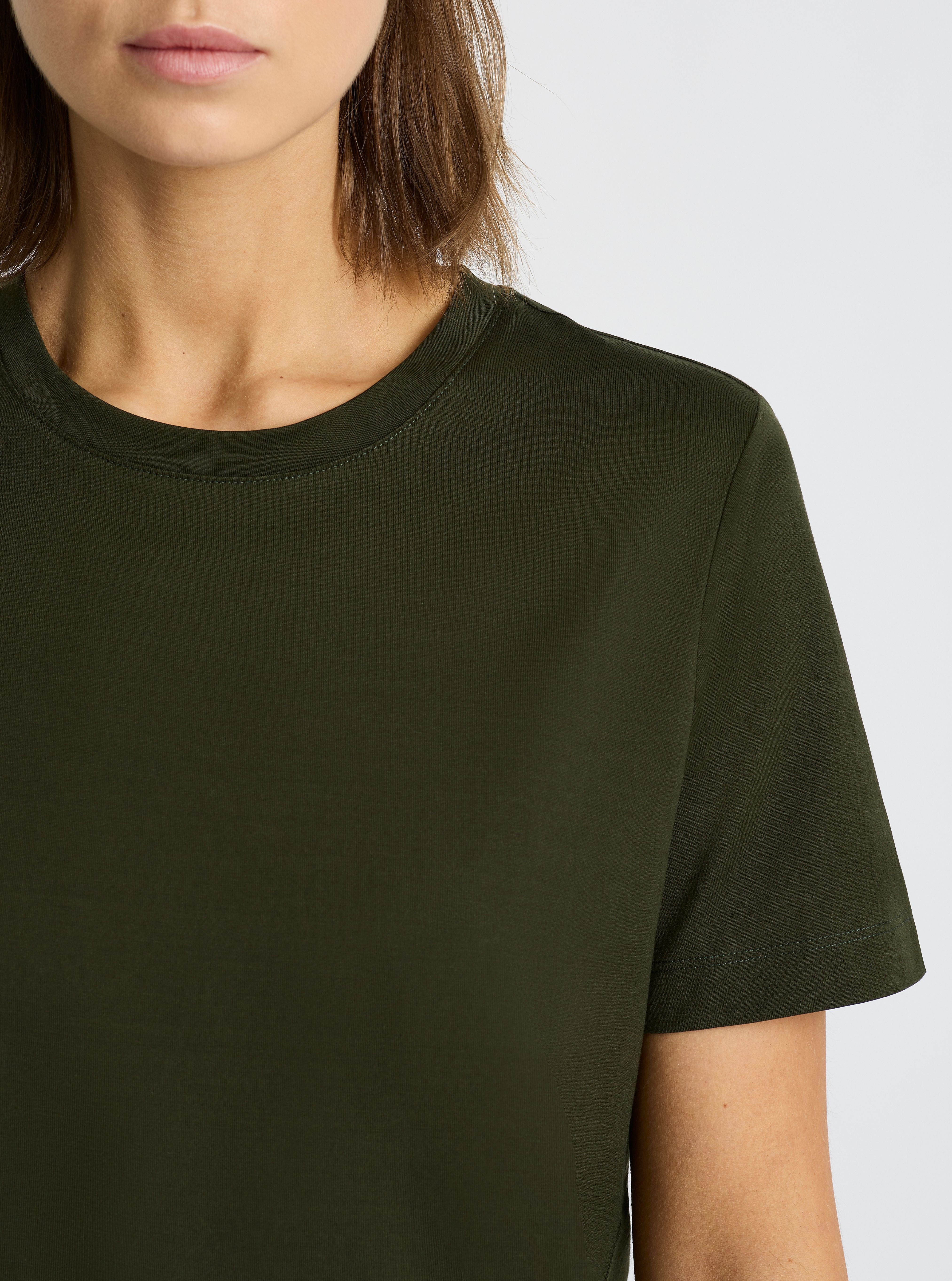 Army Green|Supima® Mercerised Crew Tee for women – premium soft cotton t-shirt|Stas is 5'10" and wearing a size S
