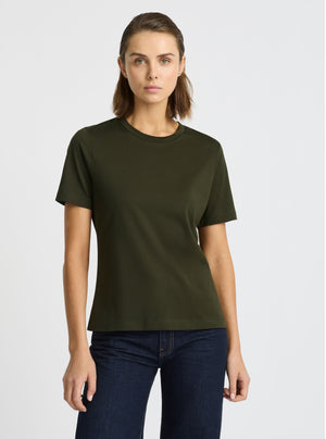 Army Green|Supima® Mercerised Crew Tee for women – premium soft cotton t-shirt|Stas is 5'10" and wearing a size S