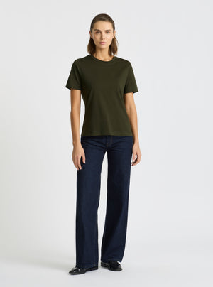 Army Green|Supima® Mercerised Crew Tee for women – premium soft cotton t-shirt|Stas is 5'10" and wearing a size S