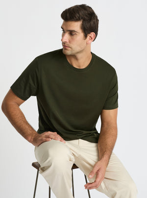 Army Green|Supima® Mercerised Crew Tee for men – premium soft cotton t-shirt|Jack is 6’2” and wearing a size L