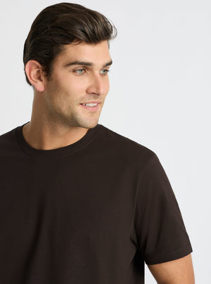 Chocolate|Supima® Mercerised Crew Tee for men – premium soft cotton t-shirt|Jack is 6’2” and wearing a size L