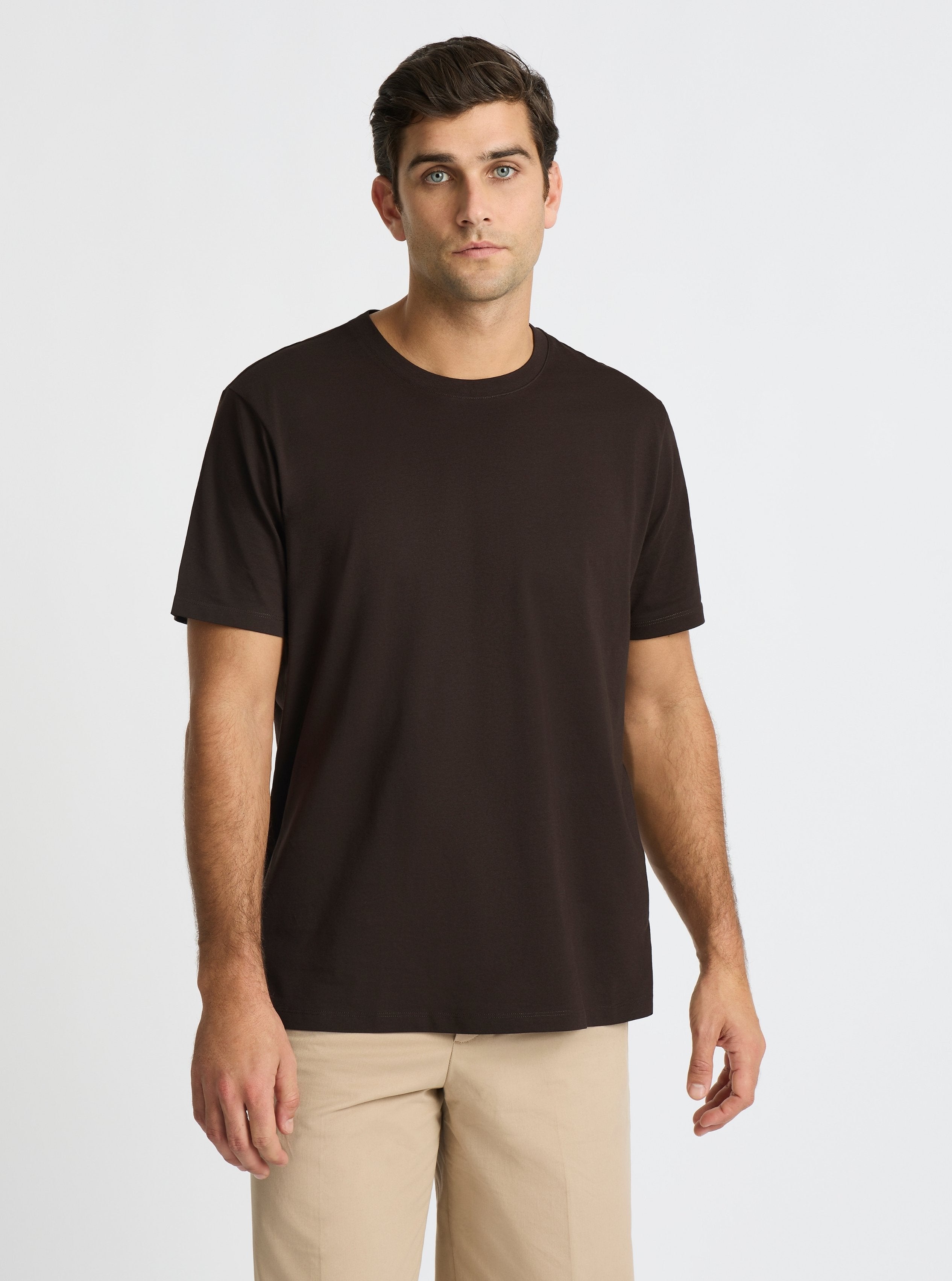 Chocolate|Supima® Mercerised Crew Tee for men – premium soft cotton t-shirt|Jack is 6’2” and wearing a size L