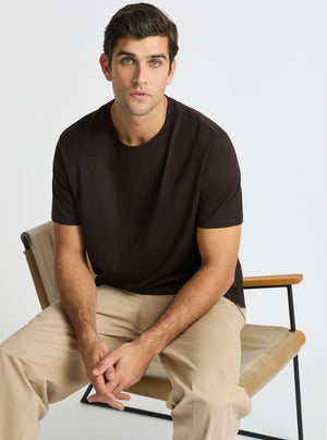 Chocolate|Supima® Mercerised Crew Tee for men – premium soft cotton t-shirt|Jack is 6’2” and wearing a size L