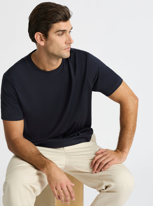 Dark Navy|Supima® Mercerised Crew Tee for men – premium soft cotton t-shirt|Jack is 6’2” and wearing a size L
