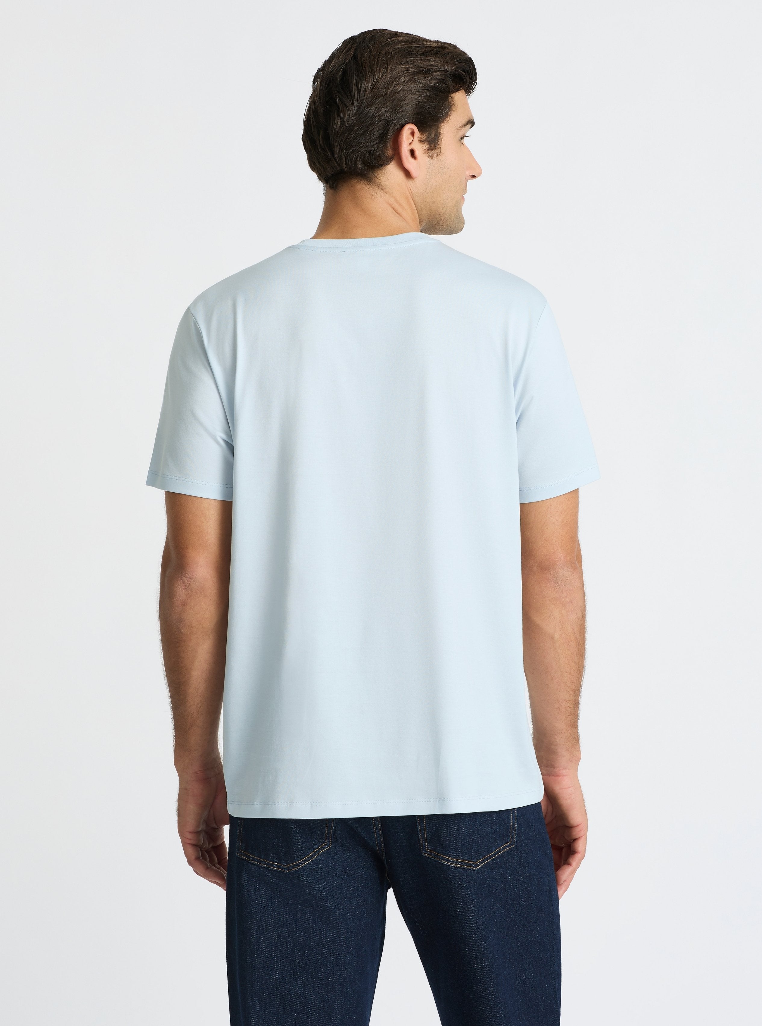 Light Blue|Supima® Mercerised Crew Tee for men – premium soft cotton t-shirt|Jack is 6’2” and wearing a size L