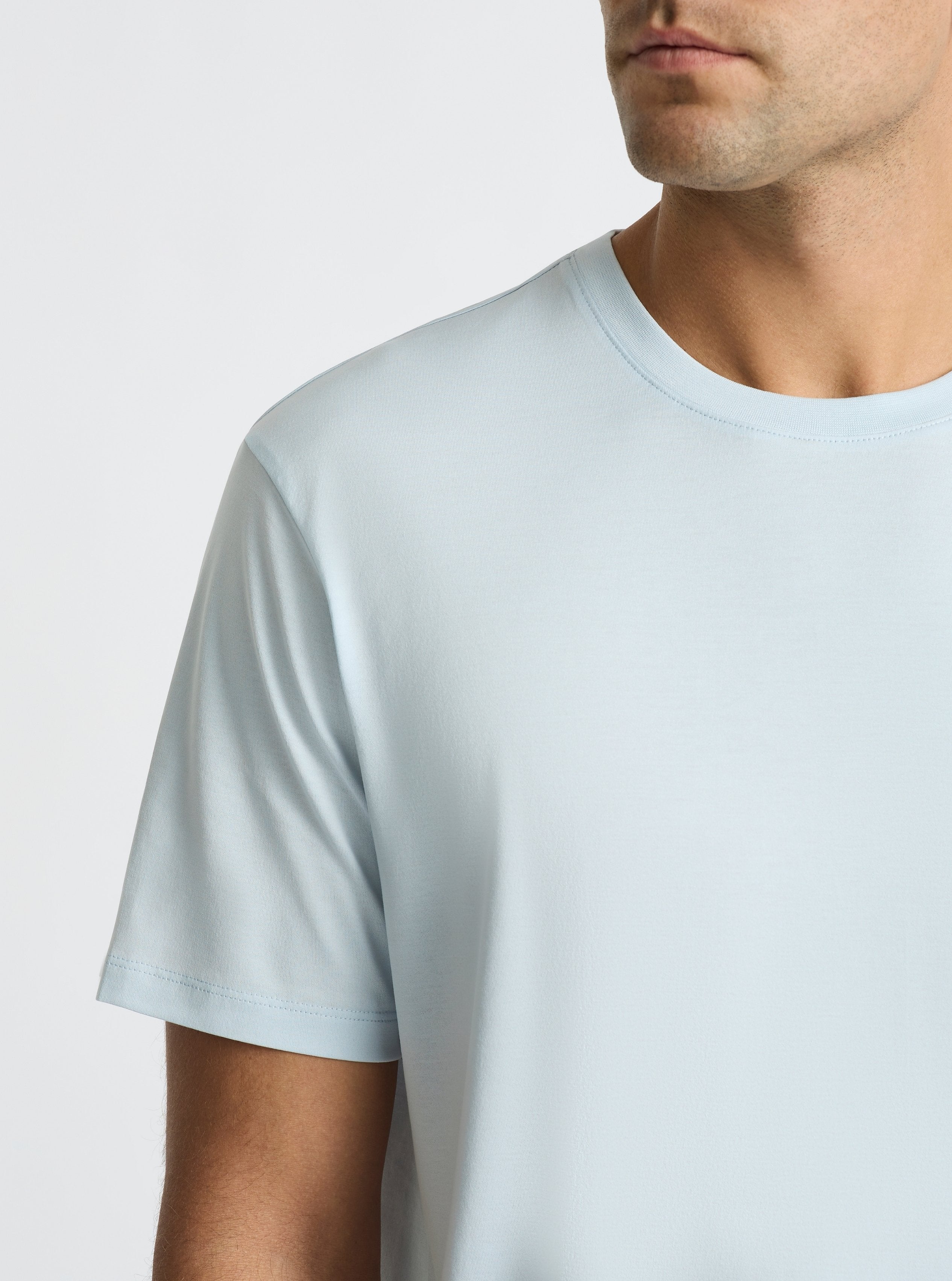 Light Blue|Supima® Mercerised Crew Tee for men – premium soft cotton t-shirt|Jack is 6’2” and wearing a size L