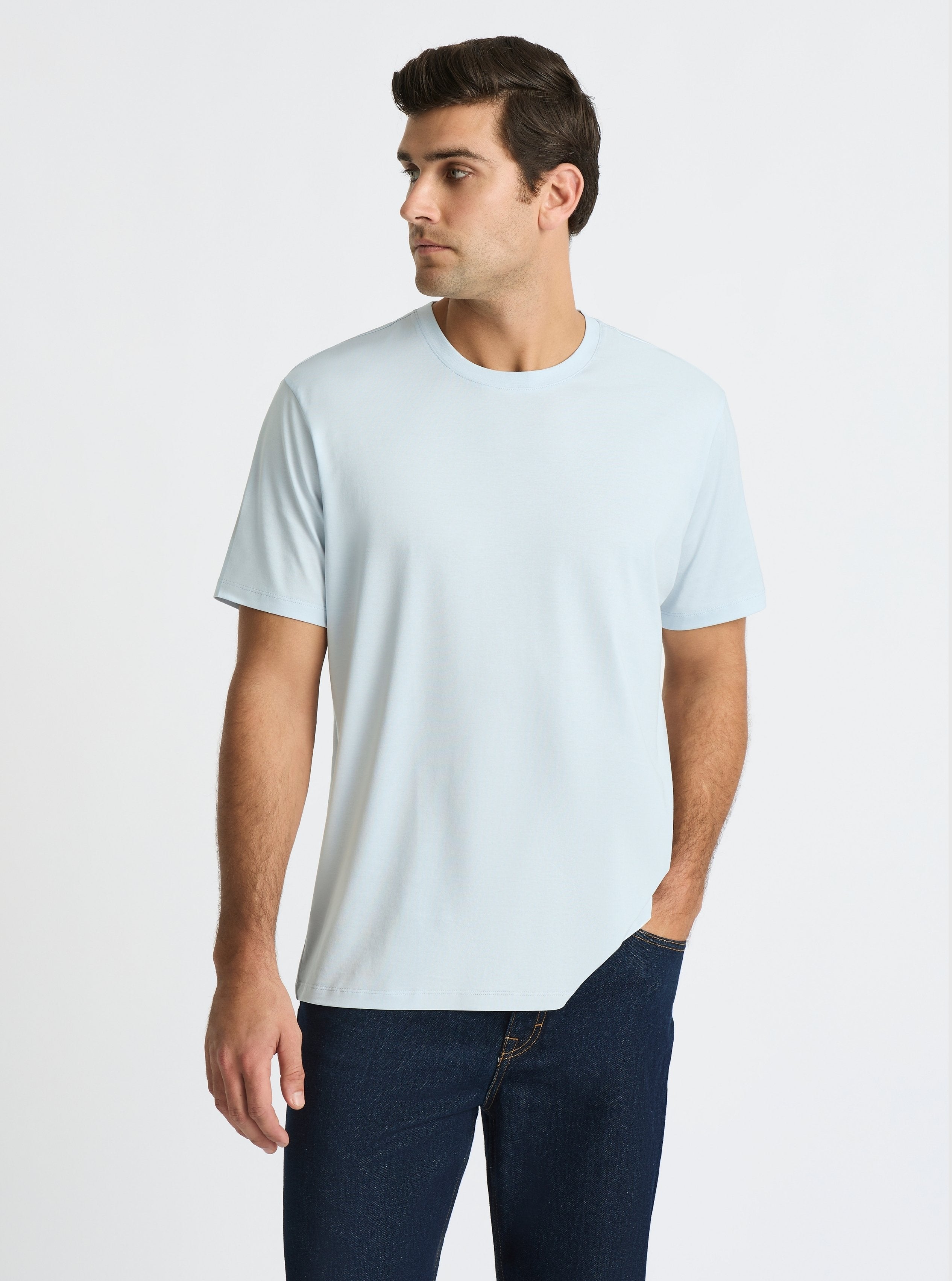 Light Blue|Supima® Mercerised Crew Tee for men – premium soft cotton t-shirt|Jack is 6’2” and wearing a size L