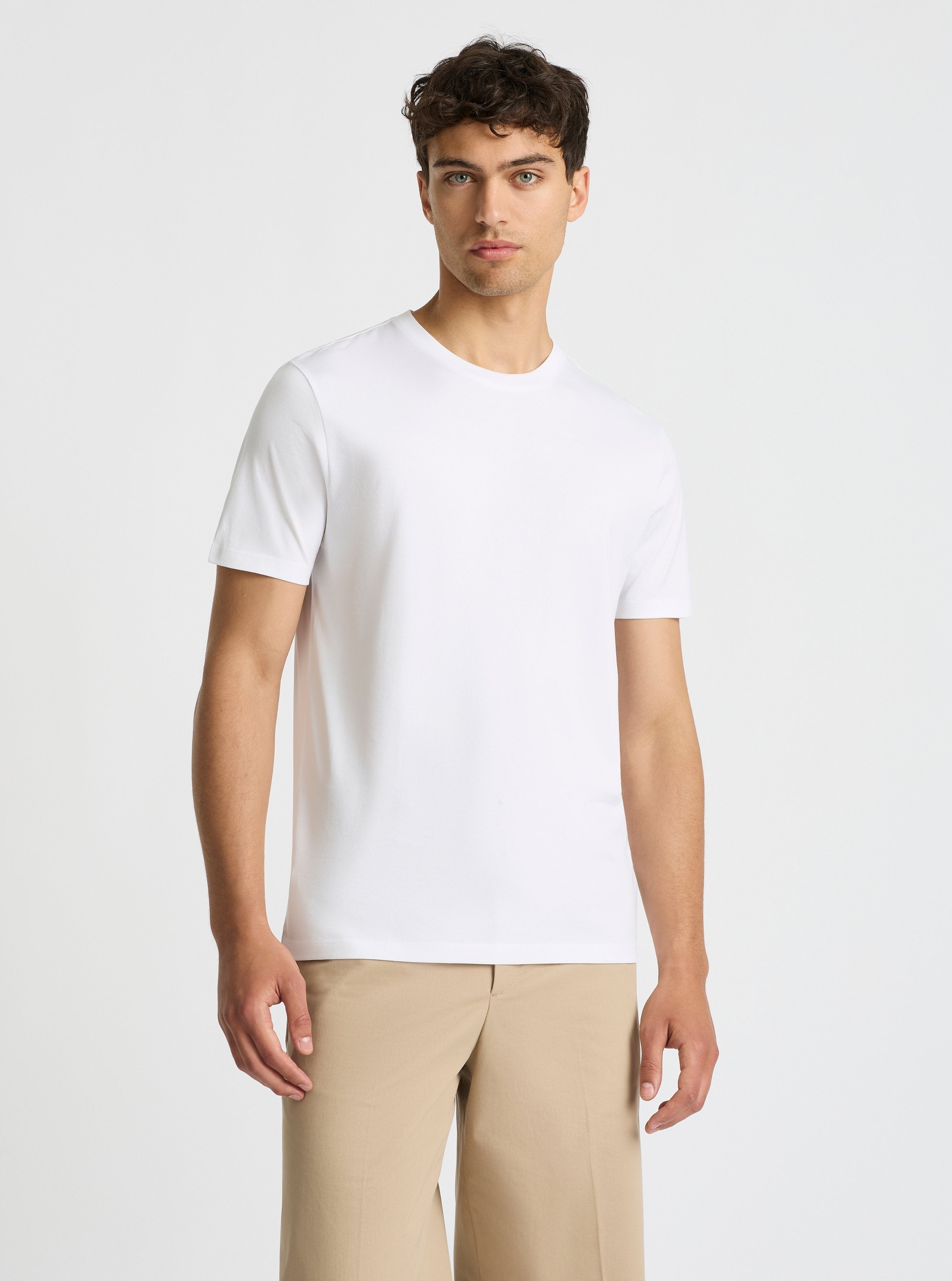 White|Supima® Mercerised Crew Tee for men – premium soft cotton t-shirt|Evans is 6’2” and wearing a size M